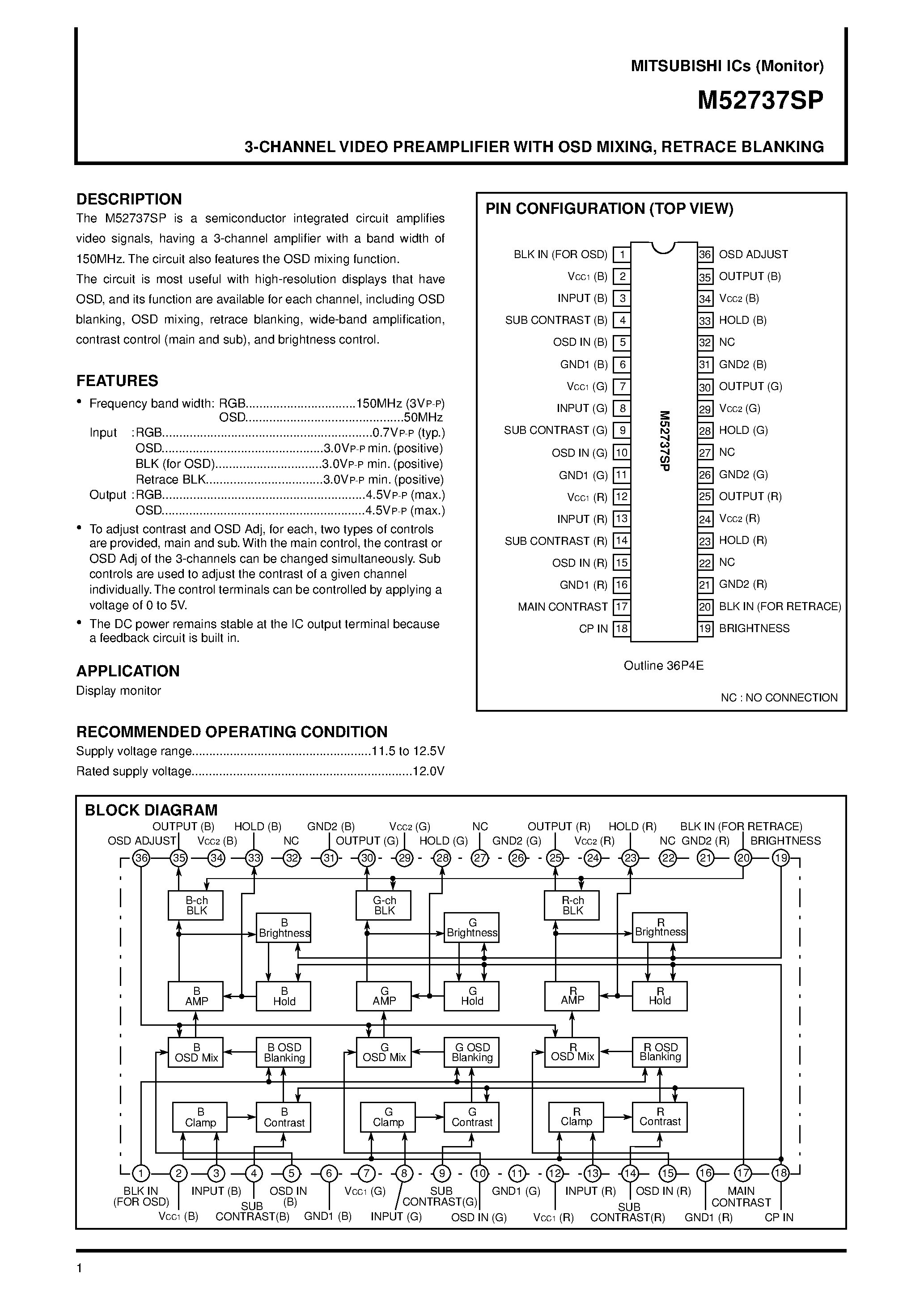 Datasheet M52737SP - 3-CHANNEL VIDEO PREAMPLIFIER WITH OSD MIXING/ RETRACE BLANKING page 1