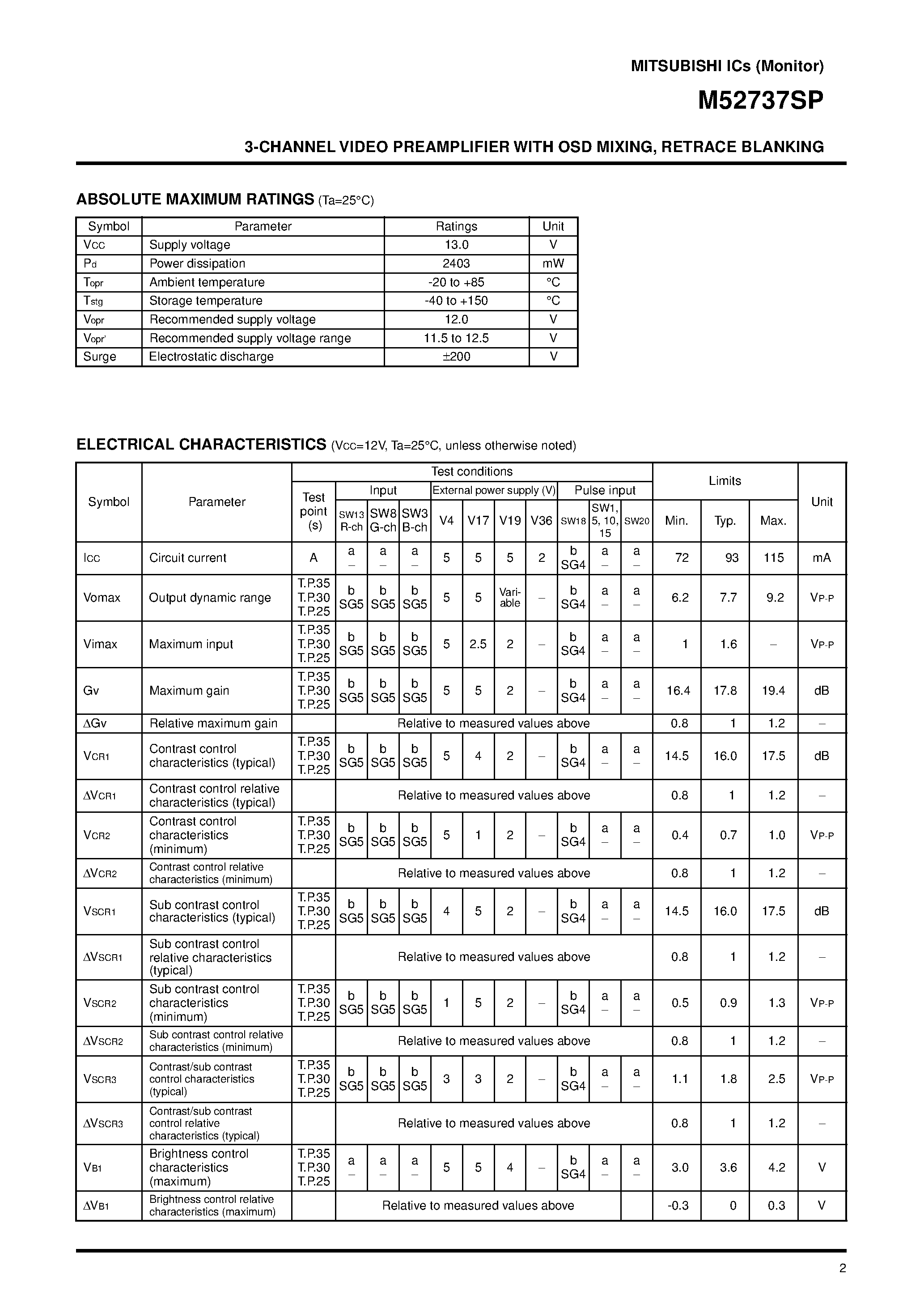 Datasheet M52737SP - 3-CHANNEL VIDEO PREAMPLIFIER WITH OSD MIXING/ RETRACE BLANKING page 2
