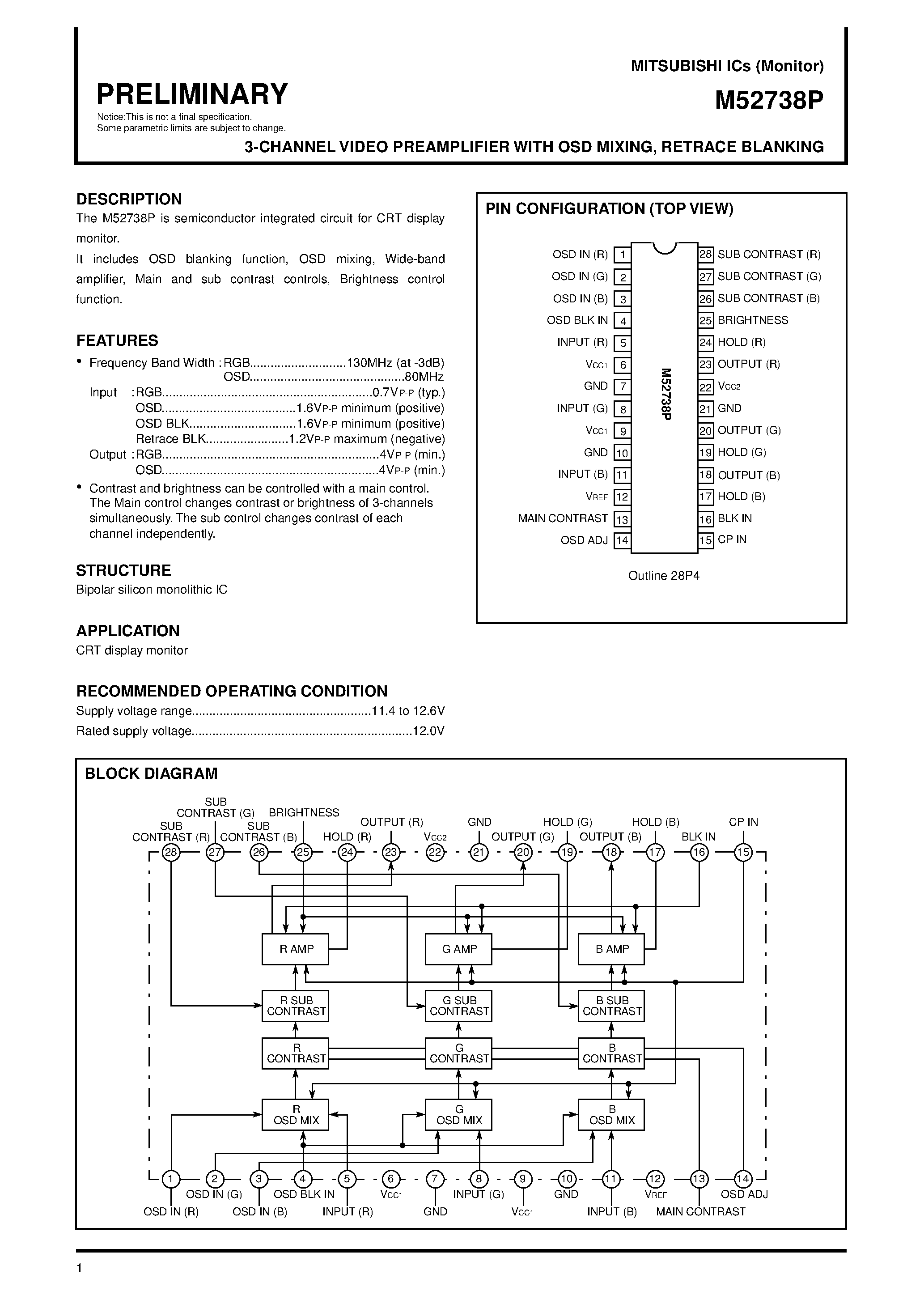 Datasheet M52738P - 3-CHANNEL VIDEO PREAMPLIFIER WITH OSD MIXING/ RETRACE BLANKING page 1