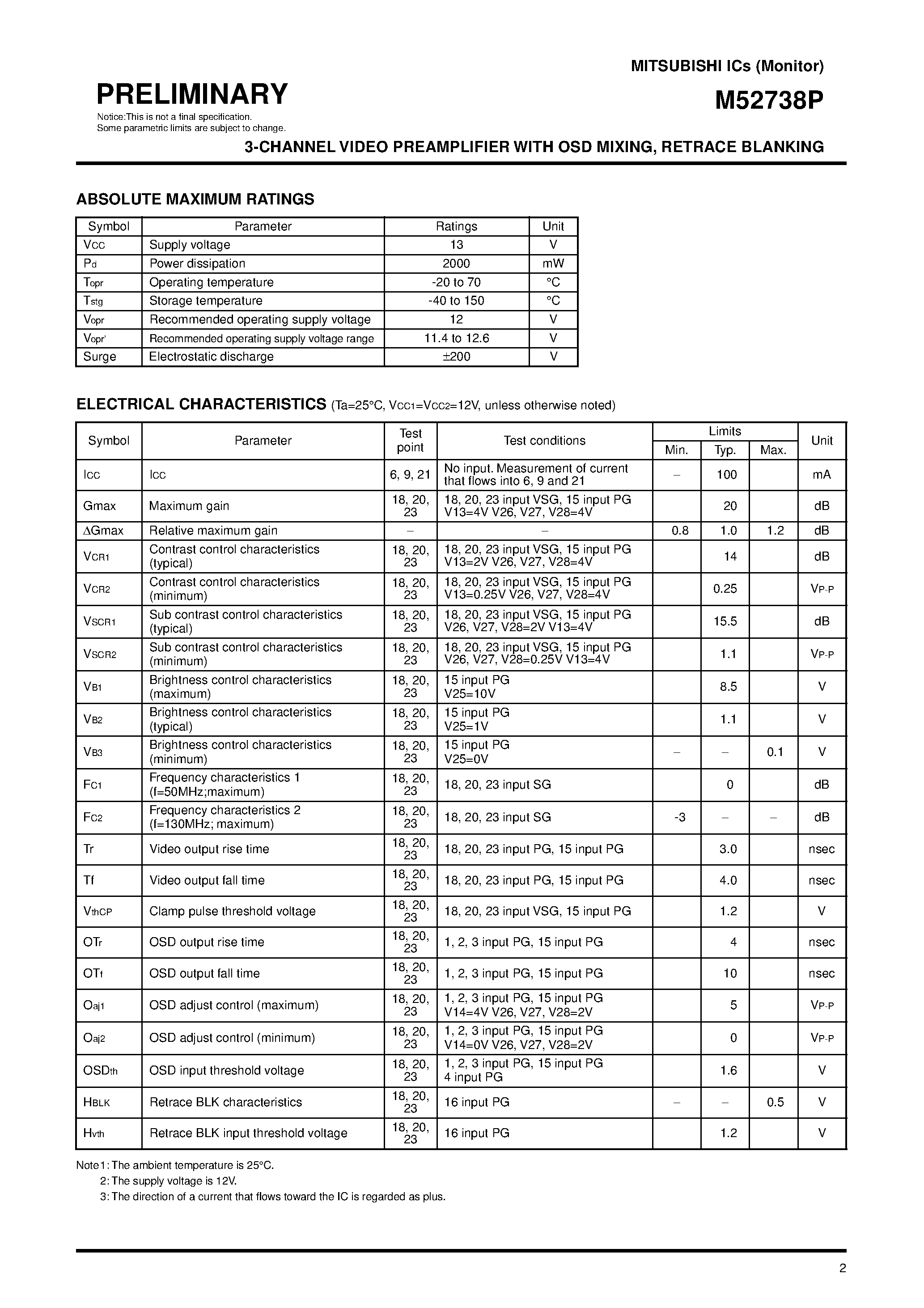 Datasheet M52738P - 3-CHANNEL VIDEO PREAMPLIFIER WITH OSD MIXING/ RETRACE BLANKING page 2