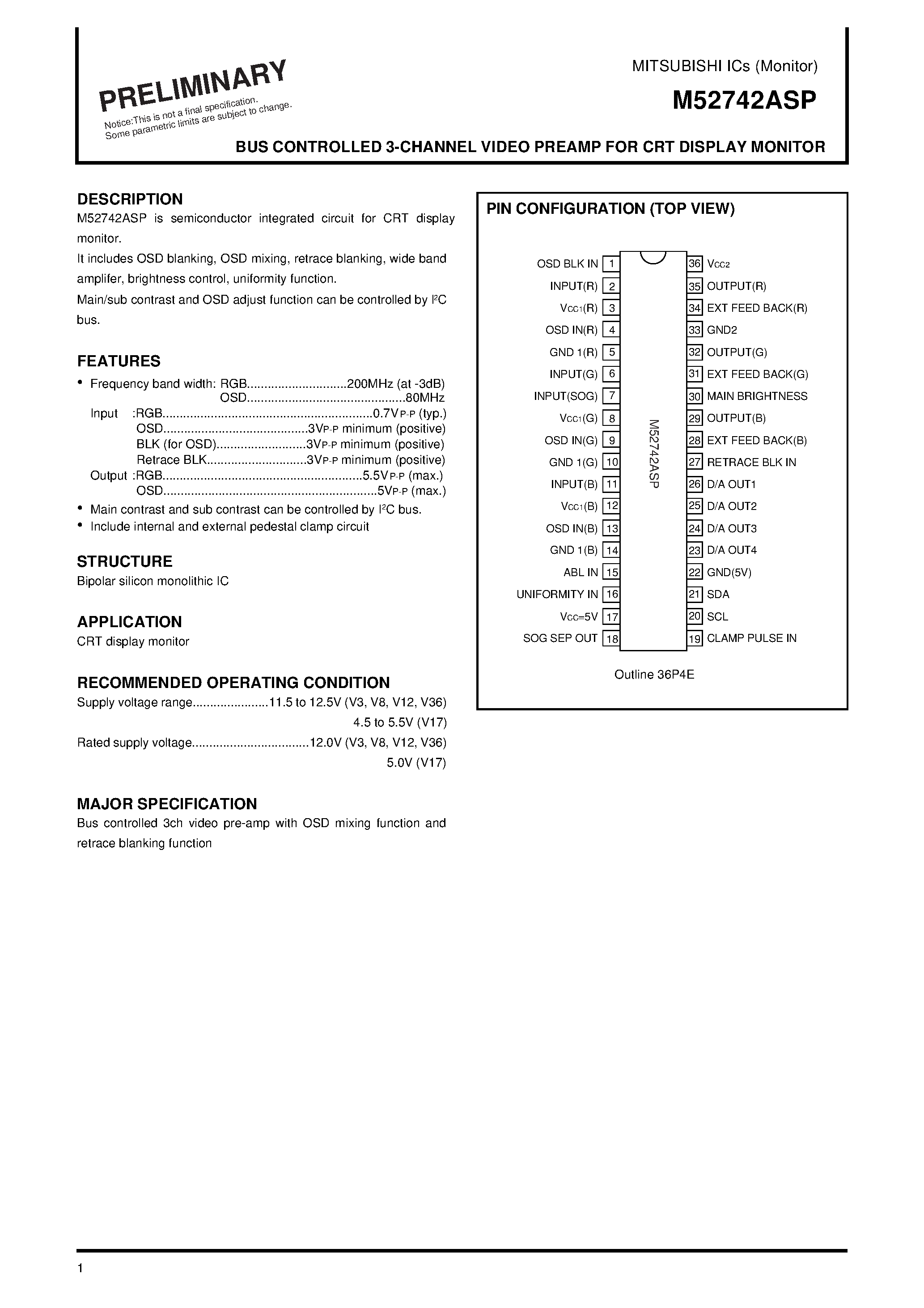 Datasheet M52742ASP - BUS CONTROLLED 3-CHANNEL VIDEO PREAMP FOR CRT DISPLAY MONITOR page 1