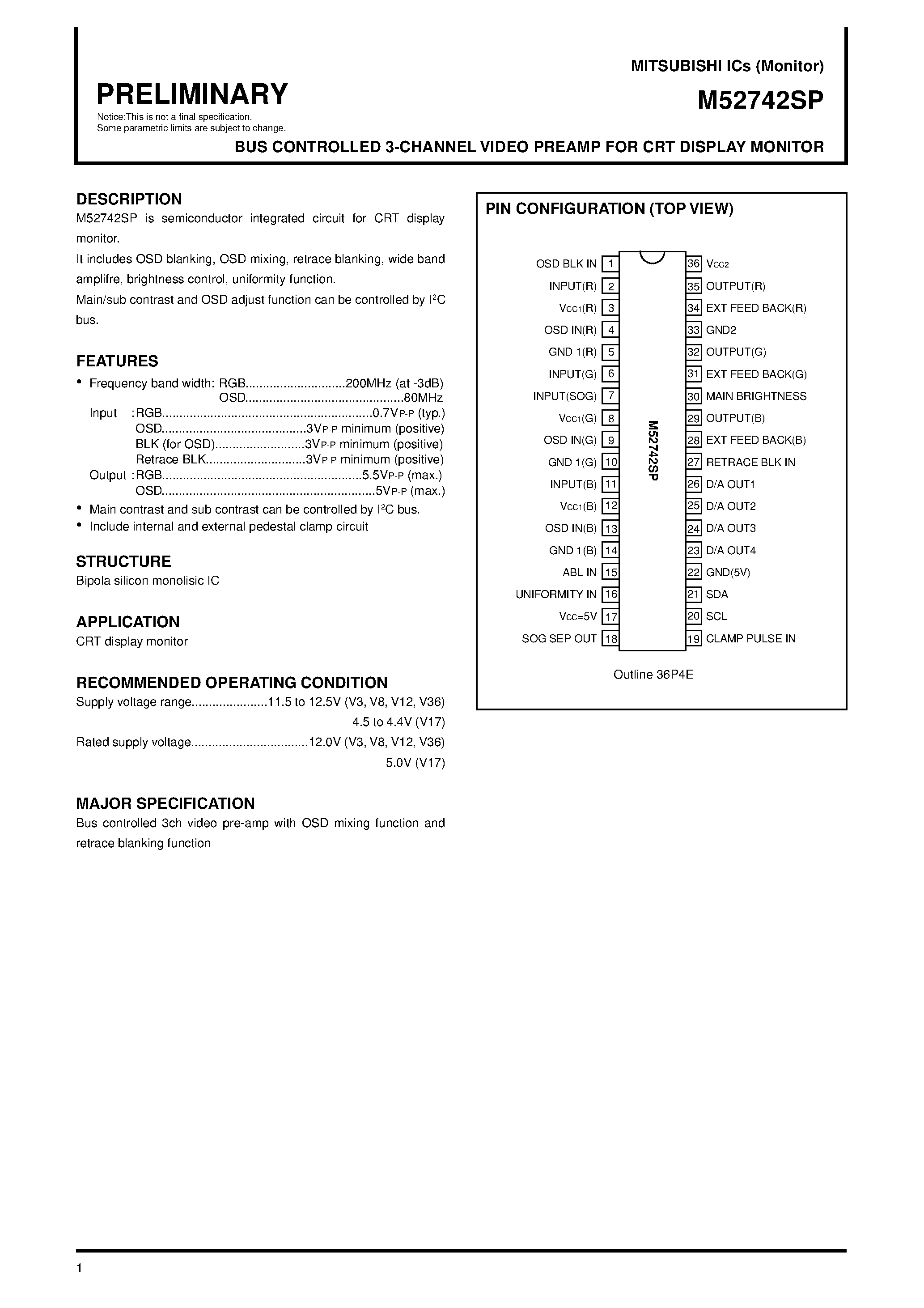 Даташит M52742SP - BUS CONTROLLED 3-CHANNEL VIDEO PREAMP FOR CRT DISPLAY MONITOR страница 1