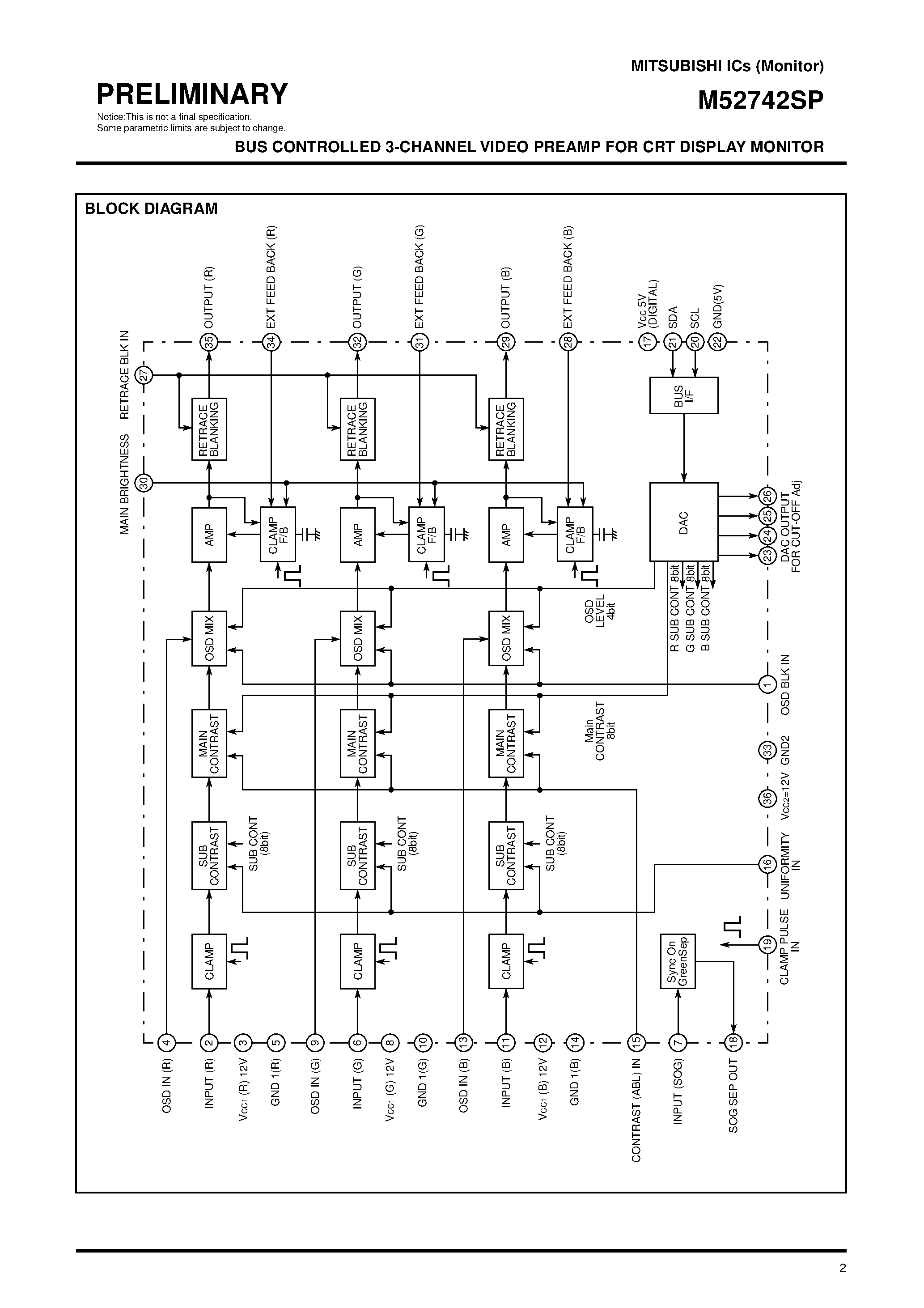 Даташит M52742SP - BUS CONTROLLED 3-CHANNEL VIDEO PREAMP FOR CRT DISPLAY MONITOR страница 2