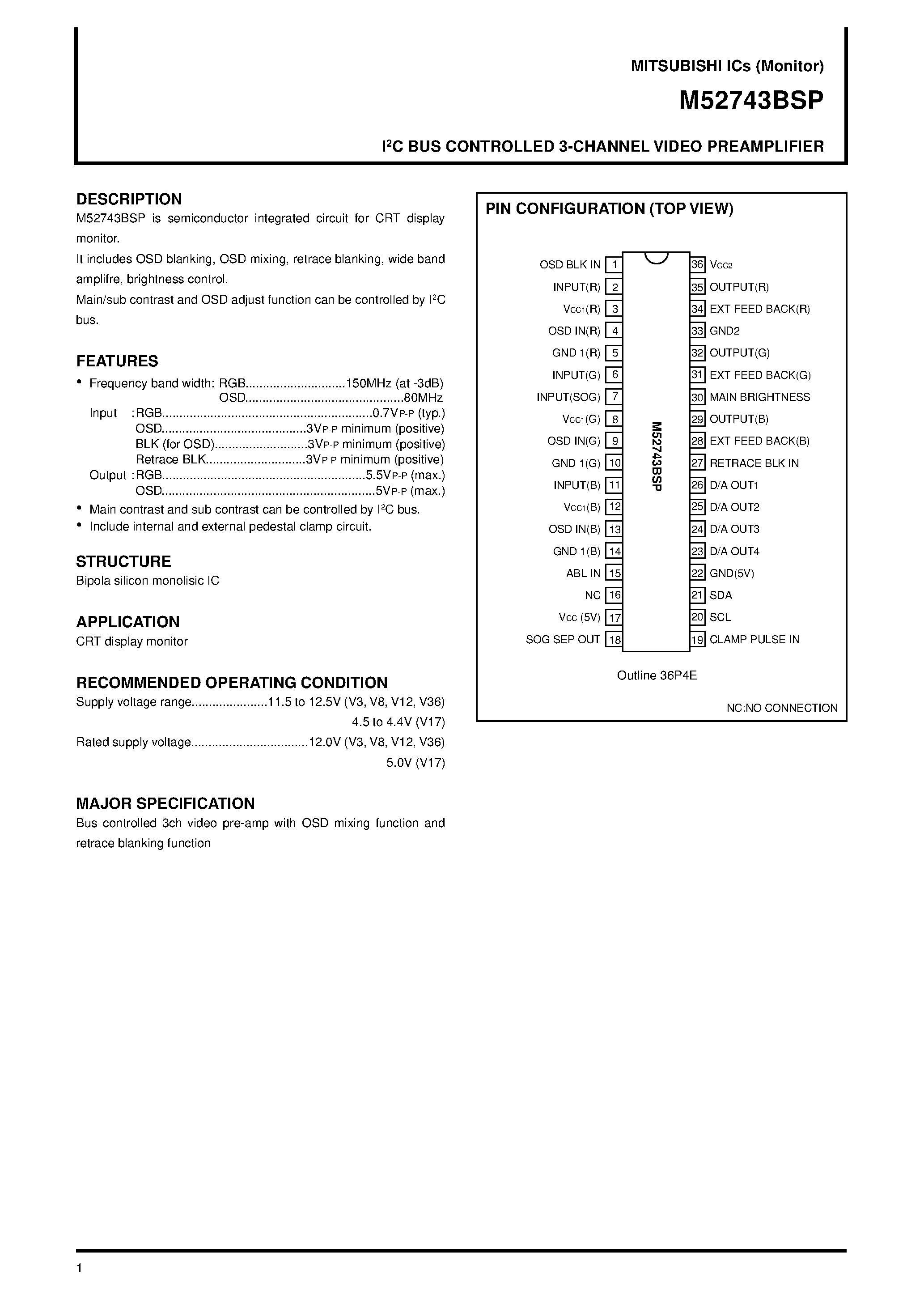 Datasheet M52743BSP - I 2 C BUS CONTROLLED 3-CHANNEL VIDEO PREAMPLIFIER page 1