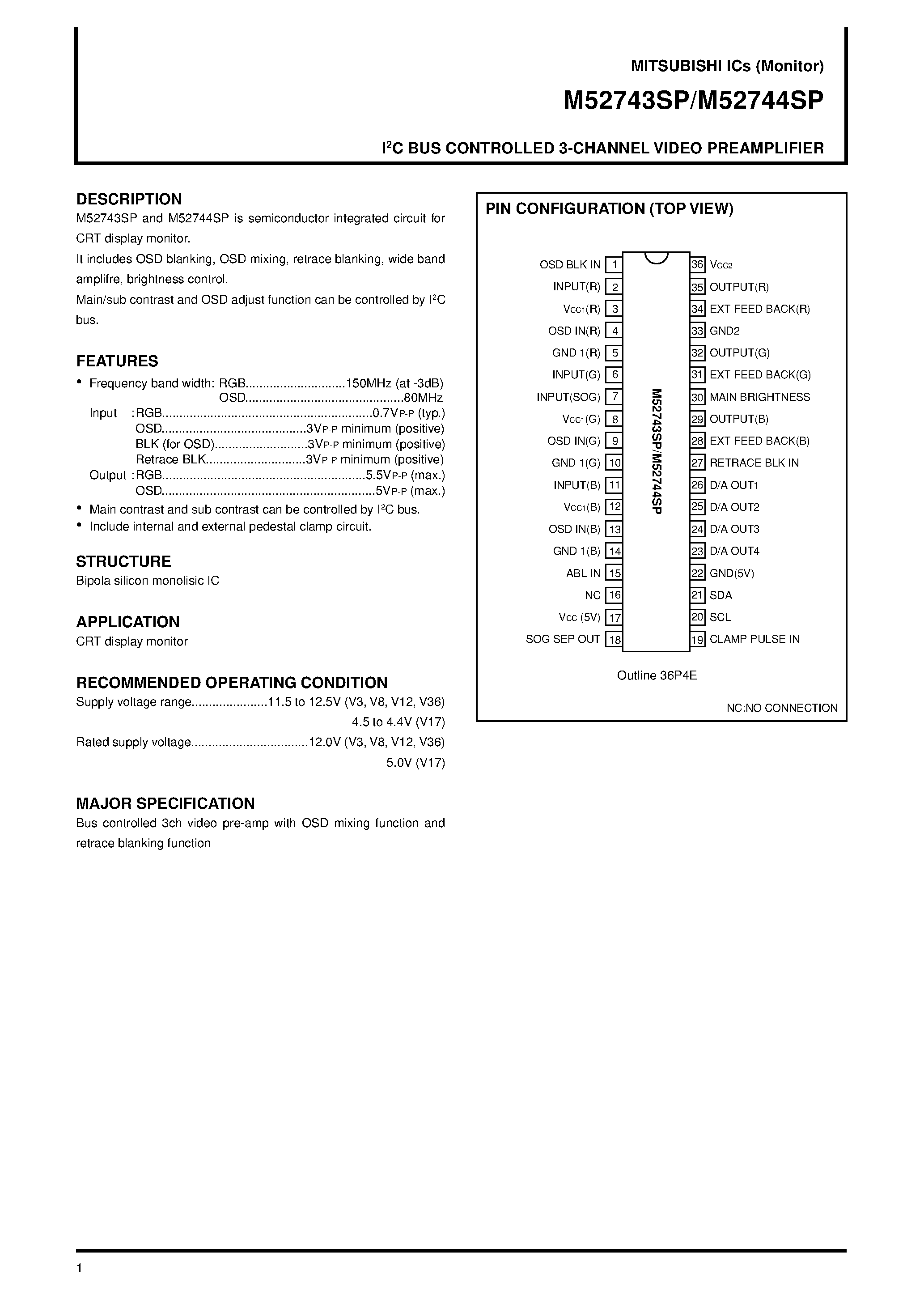 Datasheet M52744 page 1 Datasheet M52744 - I 2 C BUS CONTROLLED 3-CHANNEL VIDEO PREAMPLIFIER page 1