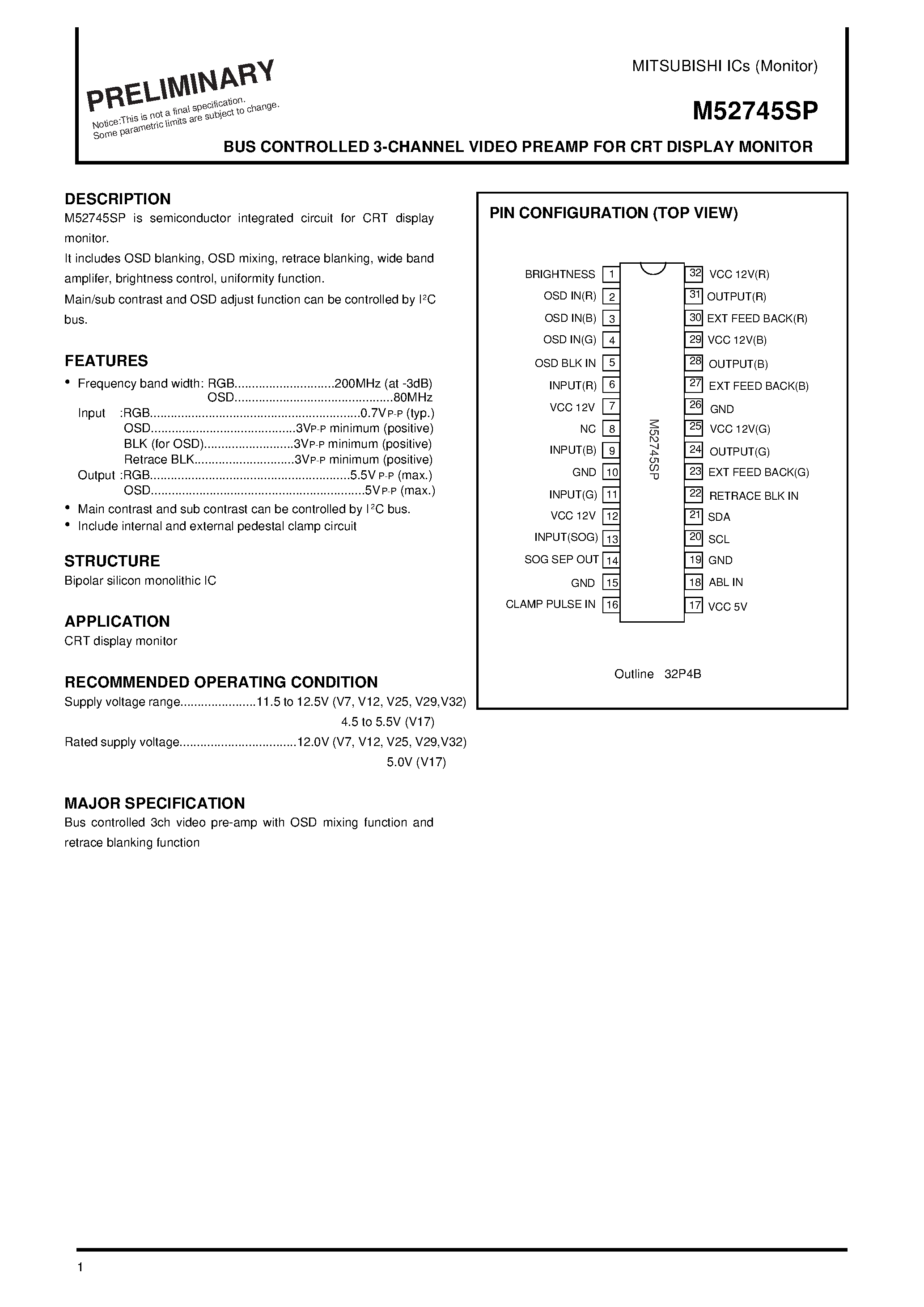 Datasheet M52745SP - BUS CONTROLLED 3-CHANNEL VIDEO PREAMP FOR CRT DISPLAY MONITOR page 1