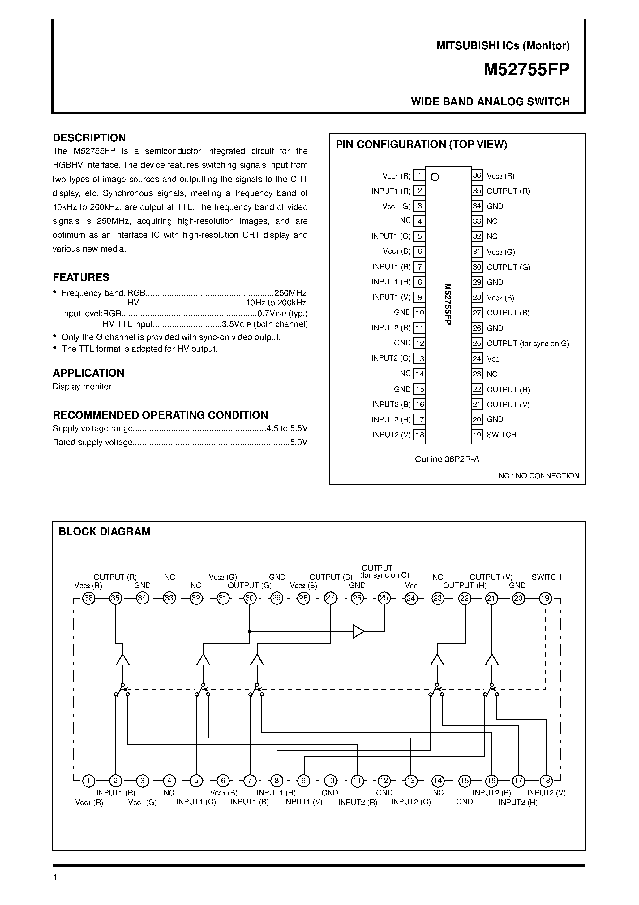 Datasheet M52755FP page 1 Datasheet M52755FP - WIDE BAND ANALOG SWITCH page 1