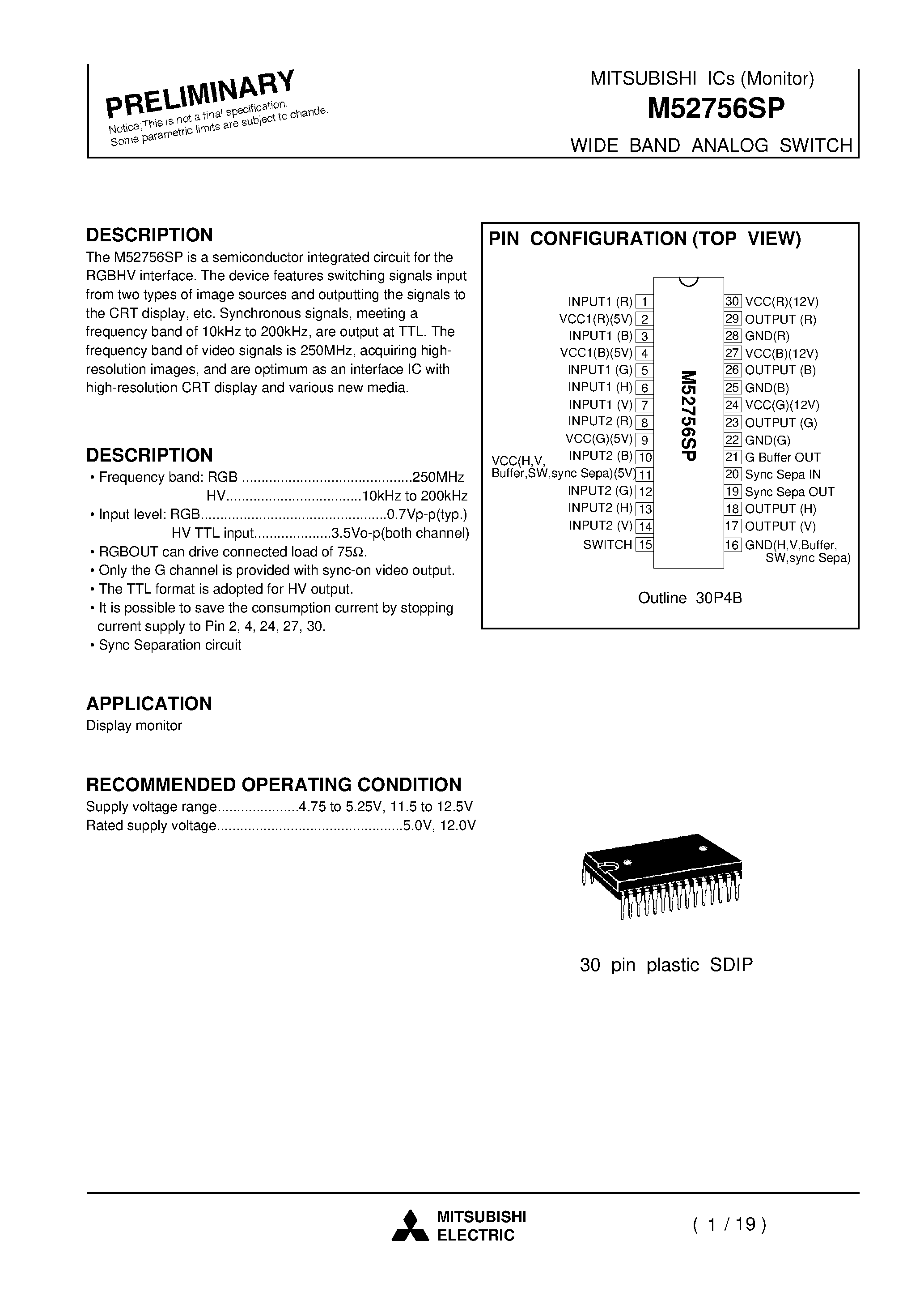 Datasheet M52756 page 1 Datasheet M52756 - WIDE BAND ANALOG SWITCH page 1