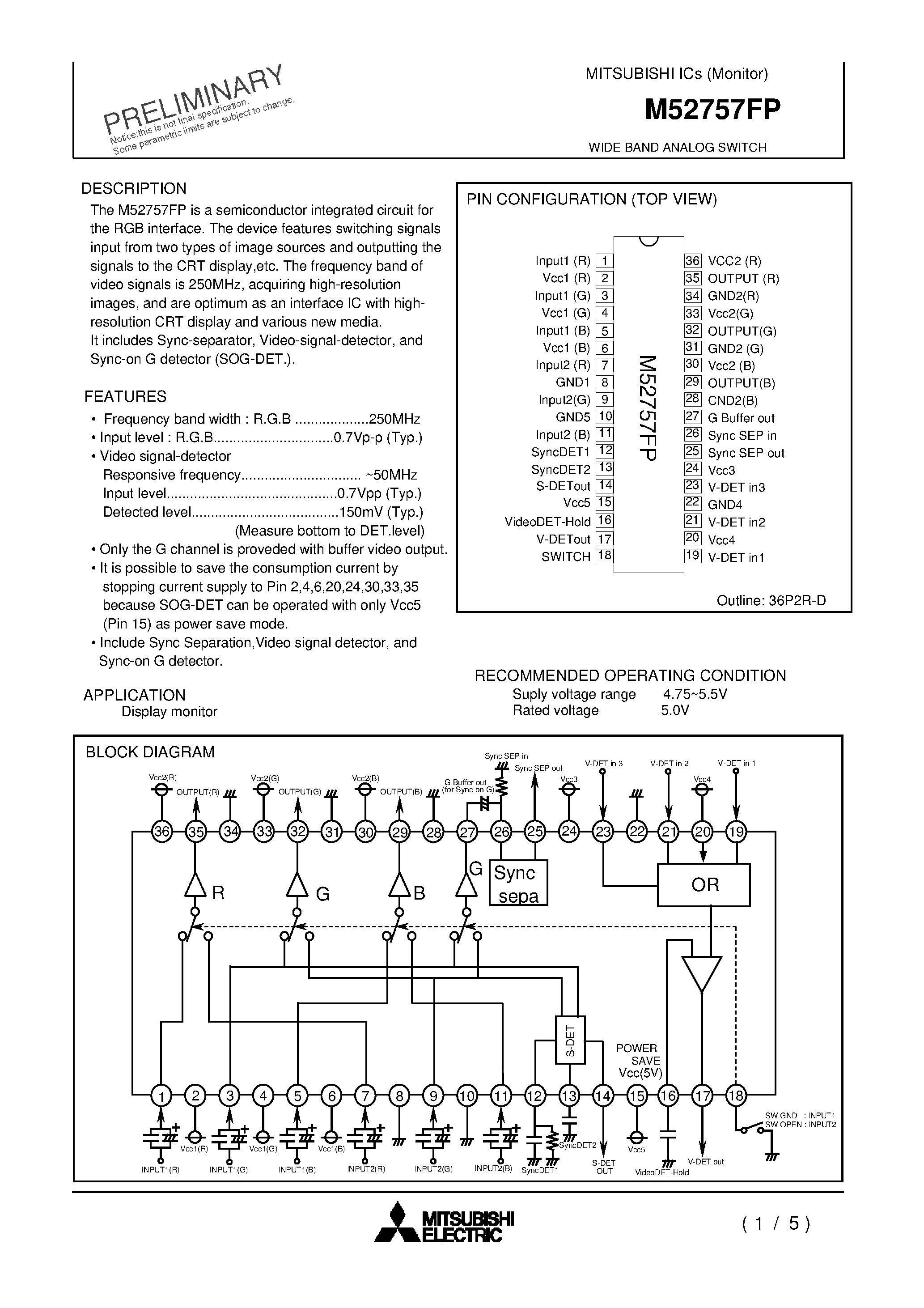 Datasheet M52757FP page 1 Datasheet M52757FP - WIDE BAND ANALOG SWITCH page 1