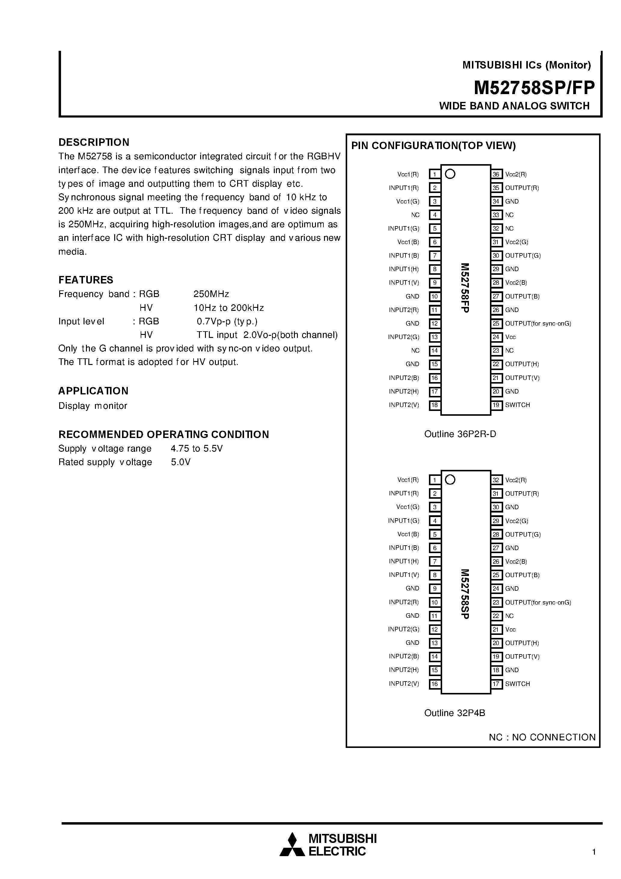 Datasheet M52758SP page 1 Datasheet M52758SP - WIDE BAND ANALOG SWITCH page 1