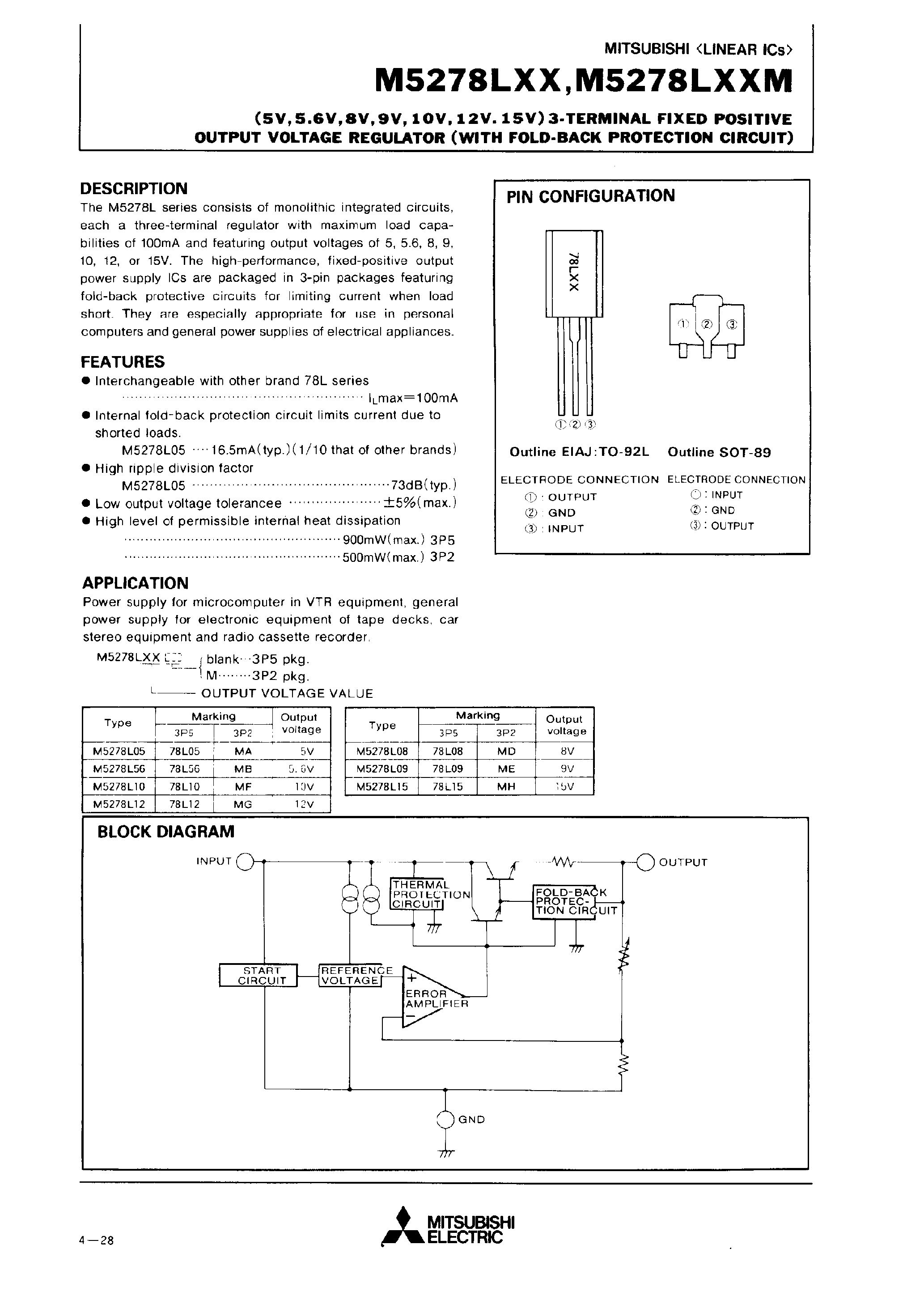 Datasheet M5278L09M - (5V/5.6V/8V/9V/10V/12V/15V) 3-TERMINAL FIXED POSITIVE OUTPUT VOLTAGE REGULATOR (WITH FOLD-BACK PROTECTION CIRCUIT) page 1