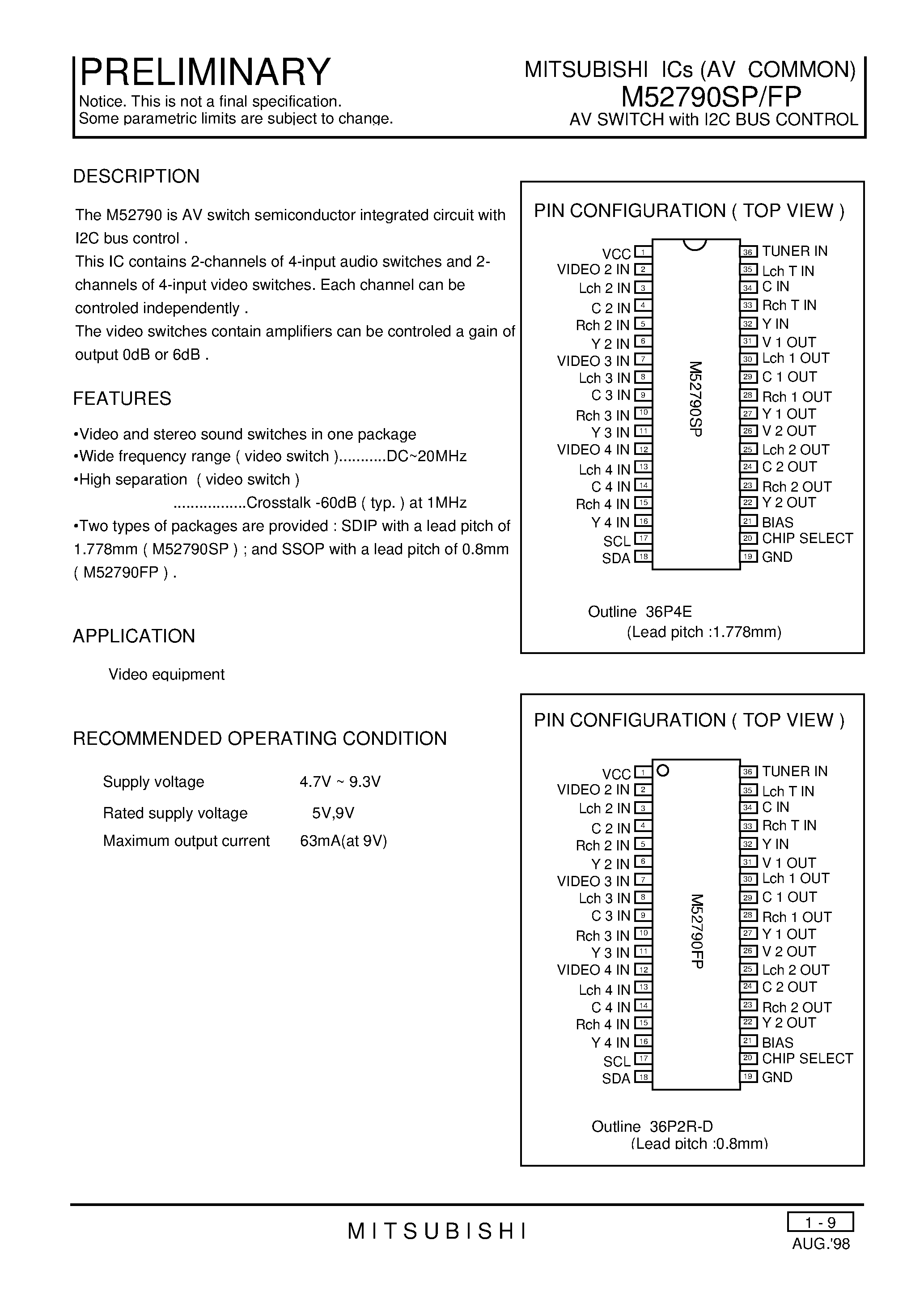 Datasheet M52790SP page 1 Datasheet M52790SP - AV SWITCH with I2C BUS CONTROL page 1
