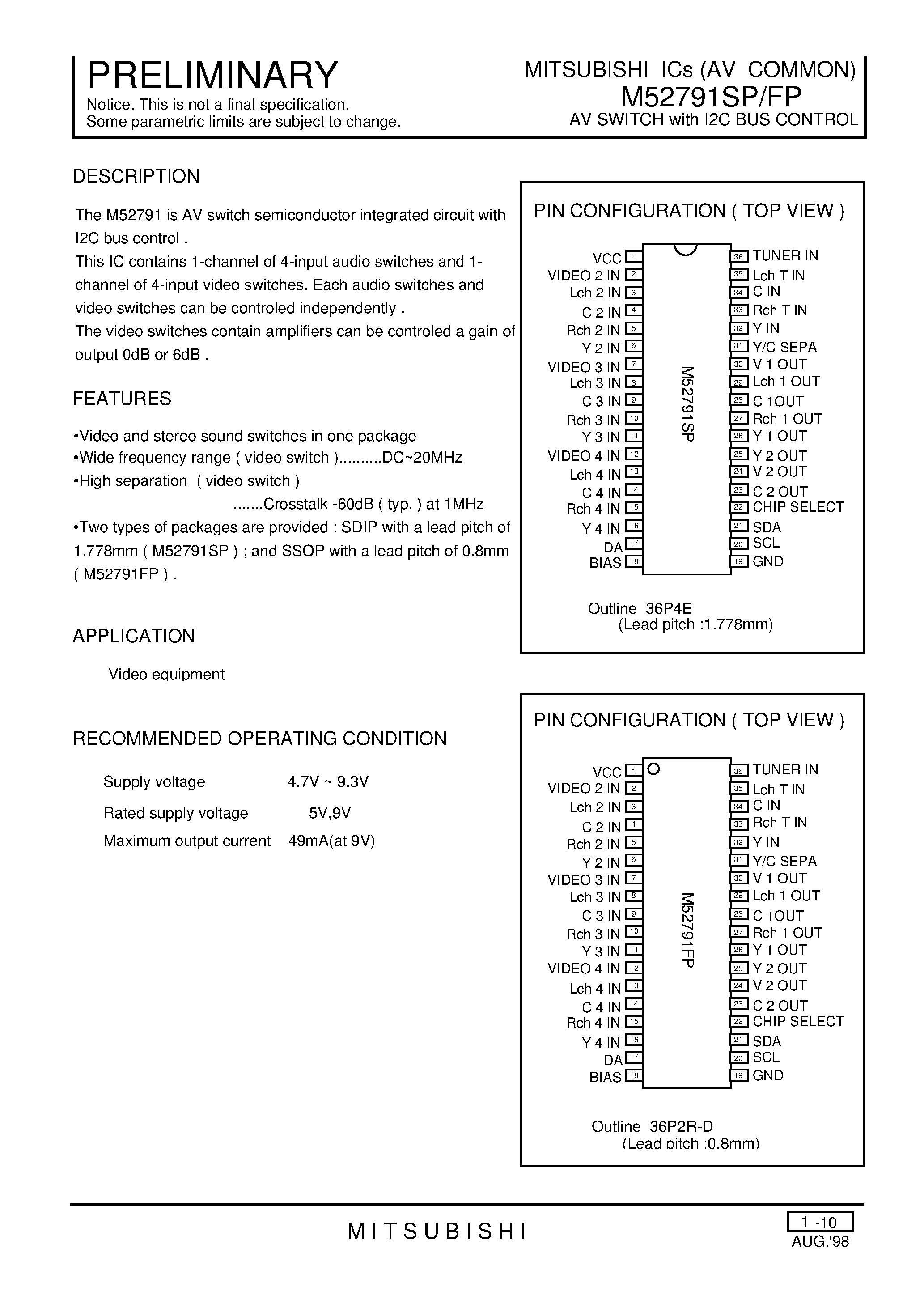 Datasheet M52791FP page 1 Datasheet M52791FP - AV SWITCH with I2C BUS CONTROL page 1
