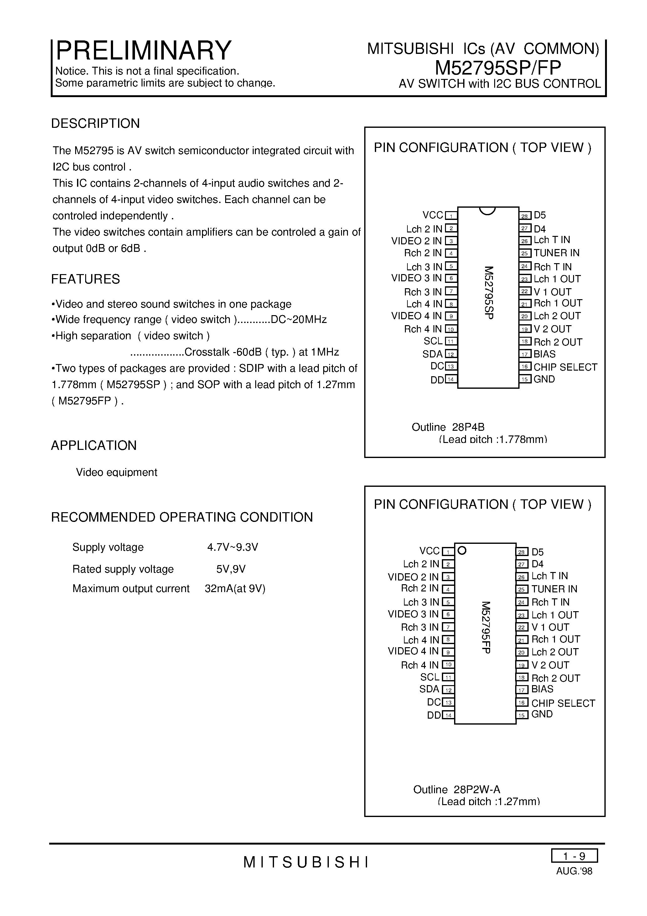Datasheet M52795SP page 1 Datasheet M52795SP - AV SWITCH with I2C BUS CONTROL page 1