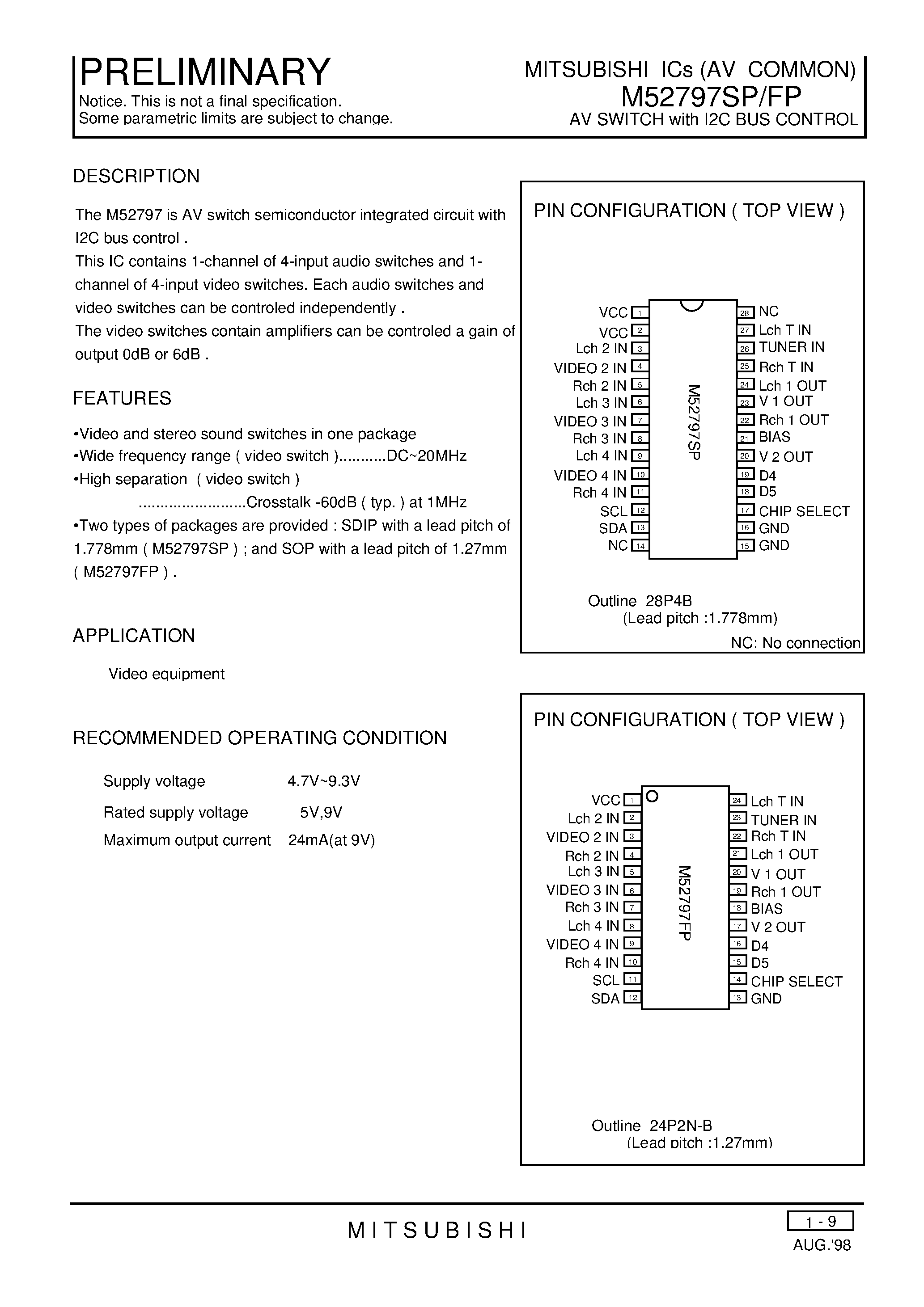 Datasheet M52797FP - AV SWITCH with I2C BUS CONTROL page 1