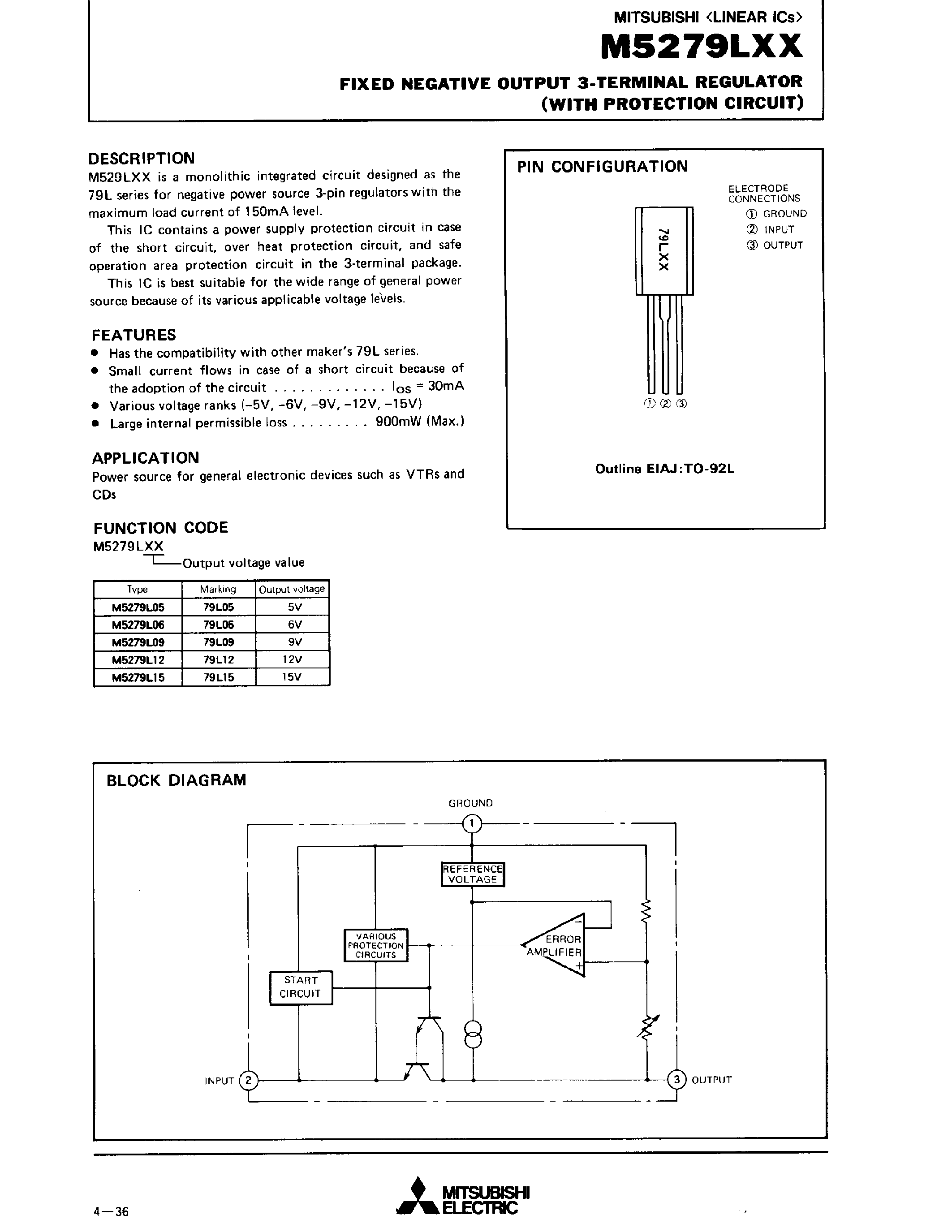 Datasheet M5279L12 - FIXED NEGATIVE OUTPUT 3-TERMINAL REGULATOR(WITH PROTECTION CIRCUIT) page 1