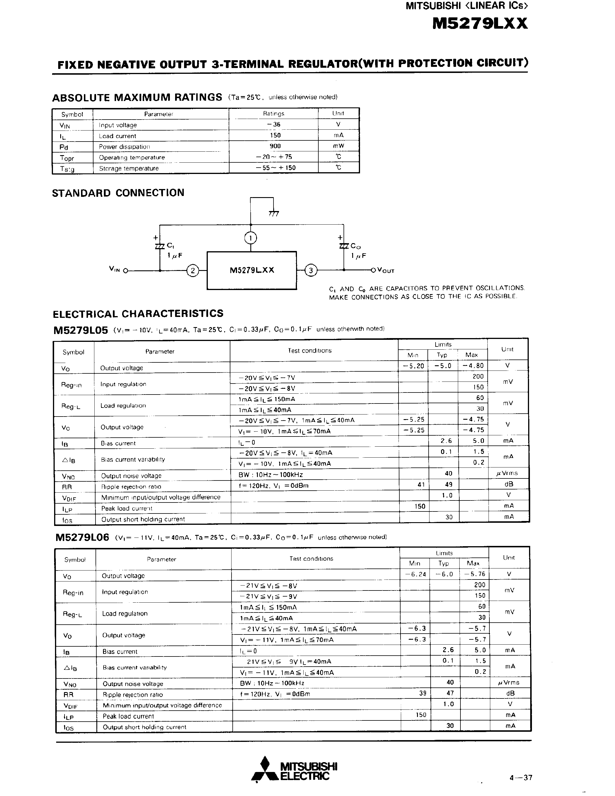 Datasheet M5279LXX - FIXED NEGATIVE OUTPUT 3-TERMINAL REGULATOR(WITH PROTECTION CIRCUIT) page 2