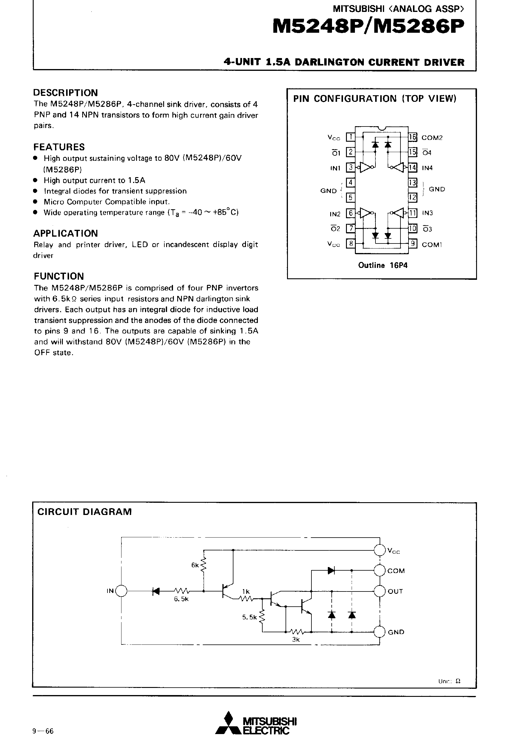 Datasheet M5286P - 4-UNIT 1.5A DARLINGTON CURRENT DIRVER page 1