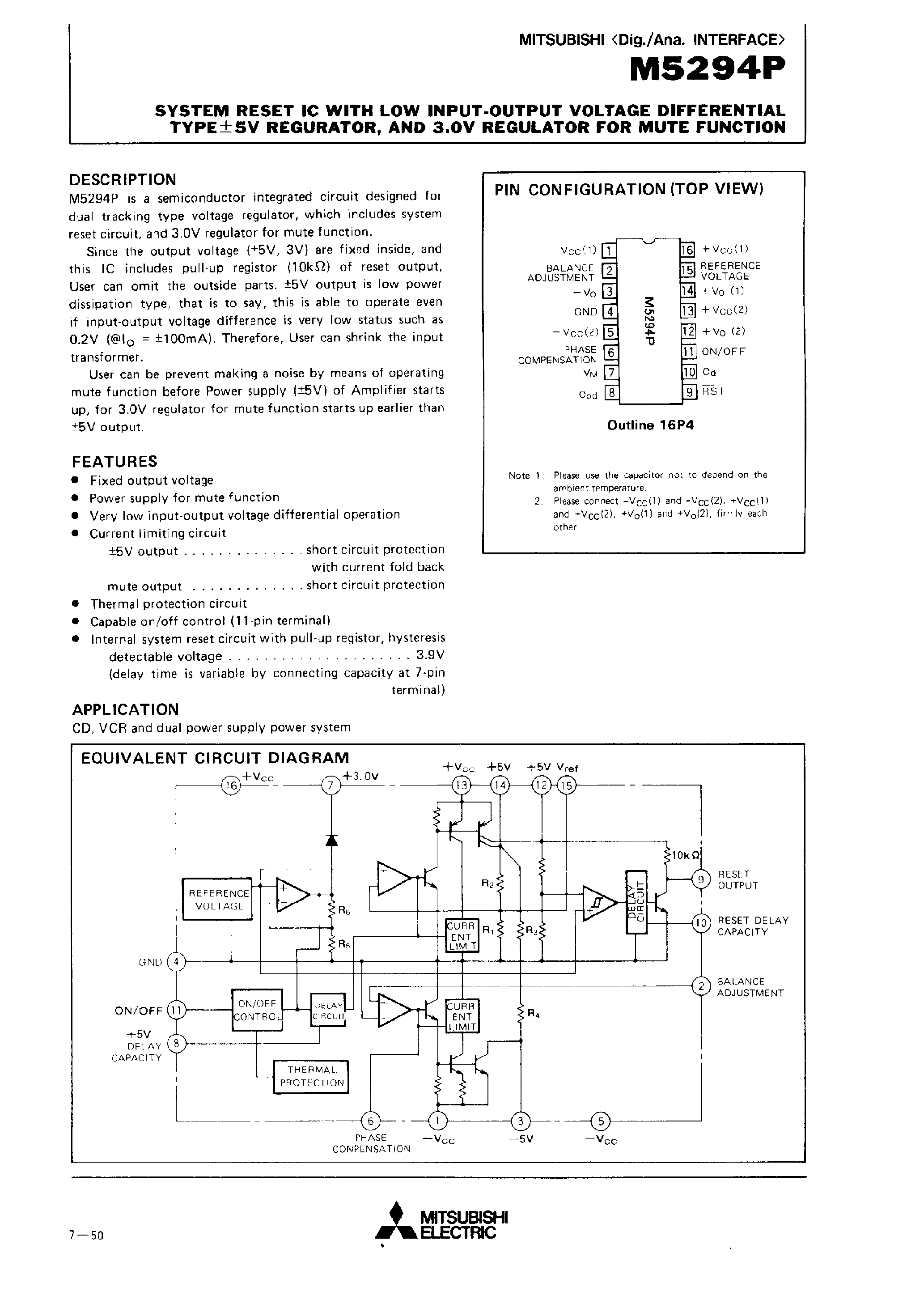 Datasheet M5294P - SYSTEM RESET IC WITH LOW INPUT-OUTPUT VOLTAGE DIFFERENTIAL TYPE +-5V REGURATOR/AND 3.0V REGULATOR FOR MUTE FUNCTION page 1
