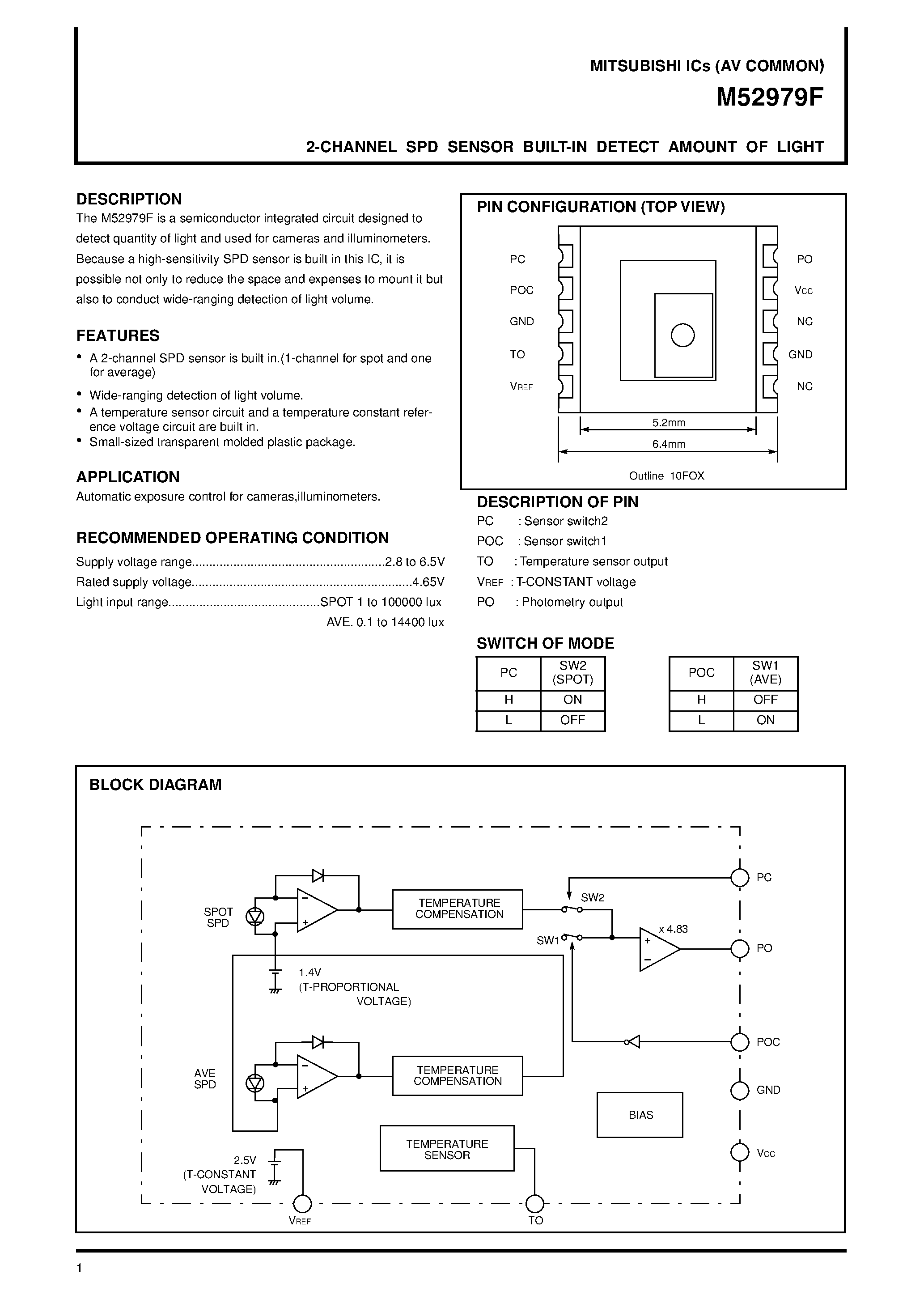 Datasheet M52979F page 1 Datasheet M52979F - 2-CHANNEL SPD SENSOR BUILT-IN DETECT AMOUNT OF LIGHT page 1