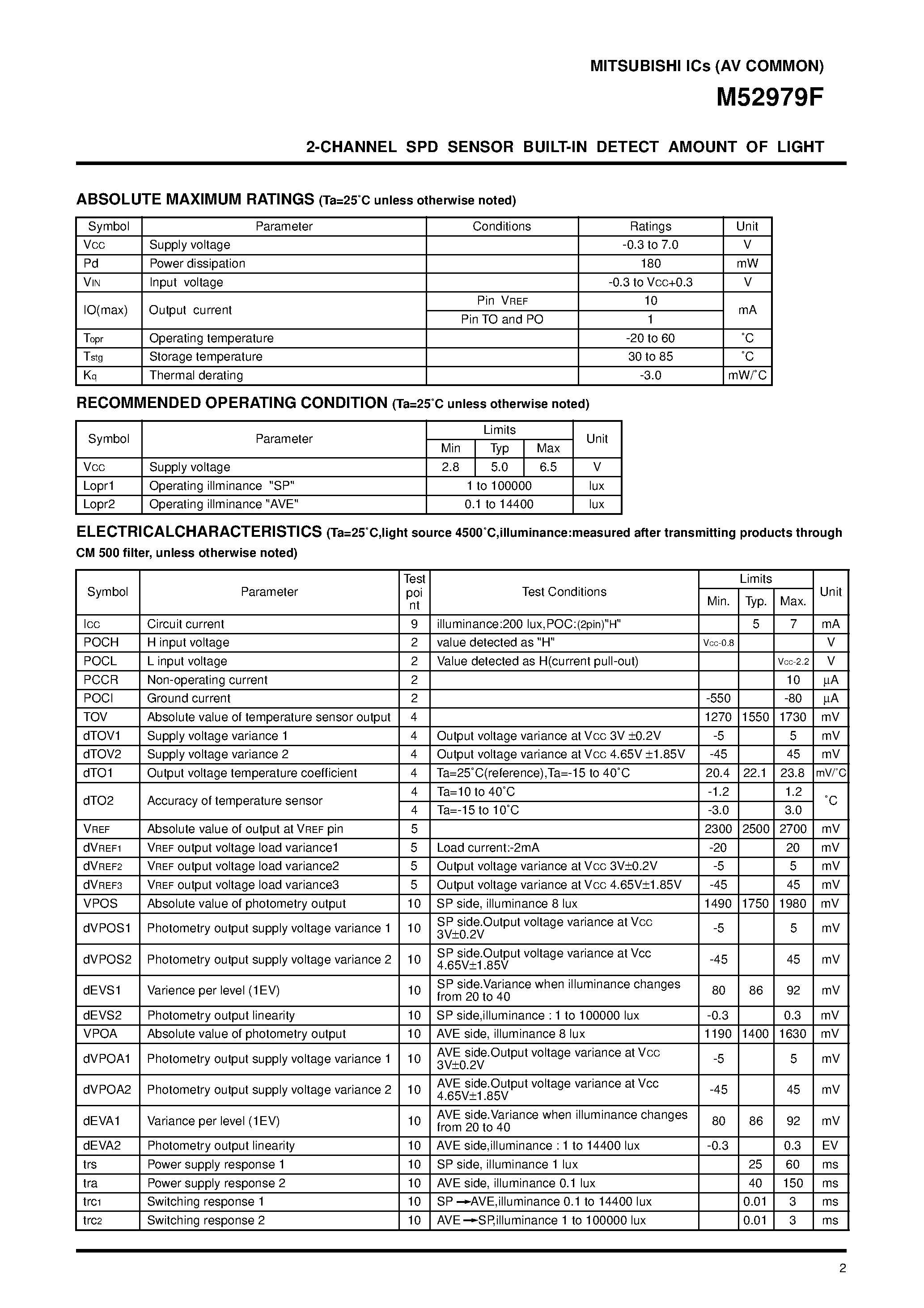 Datasheet M52979F page 2 Datasheet M52979F - 2-CHANNEL SPD SENSOR BUILT-IN DETECT AMOUNT OF LIGHT page 2