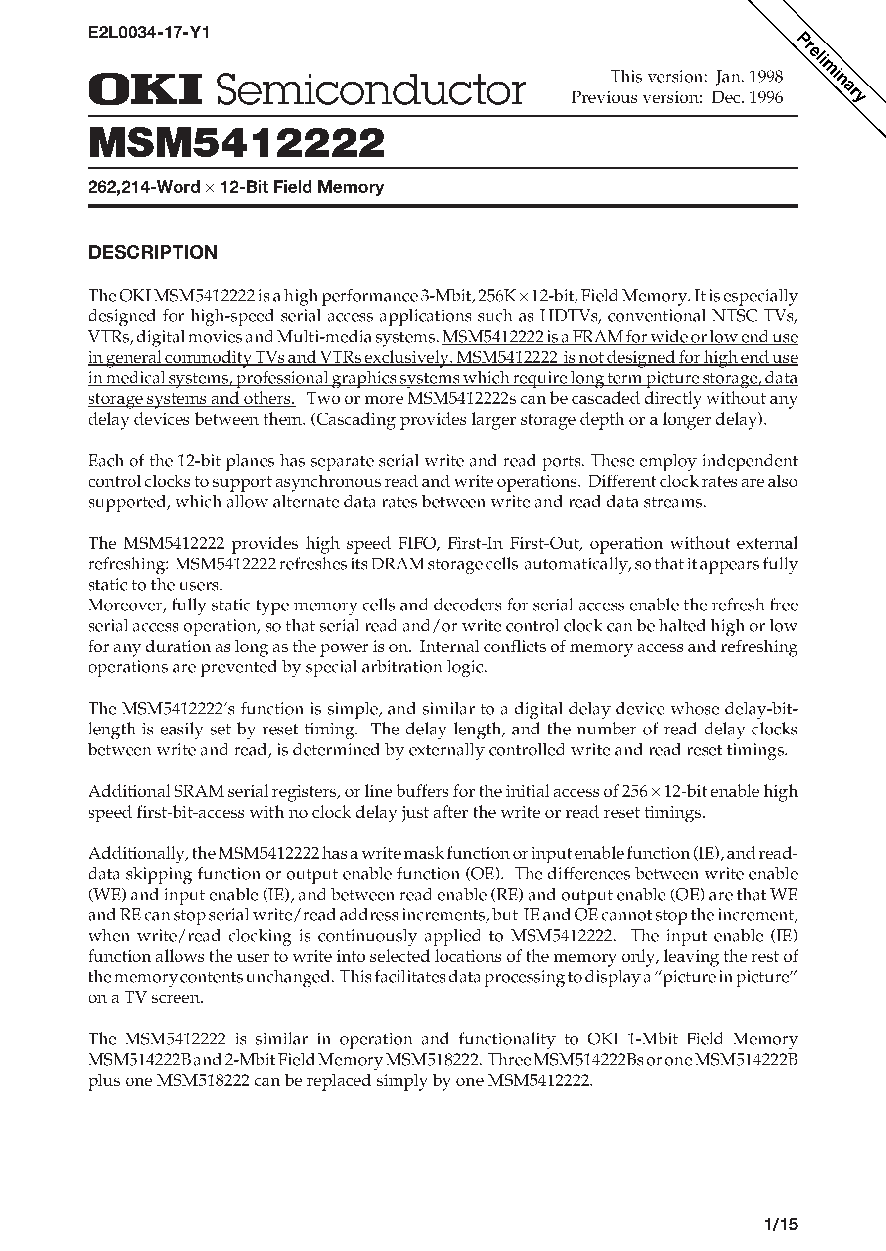Datasheet M541 - 262/214-Word x 12-Bit Field Memory page 1