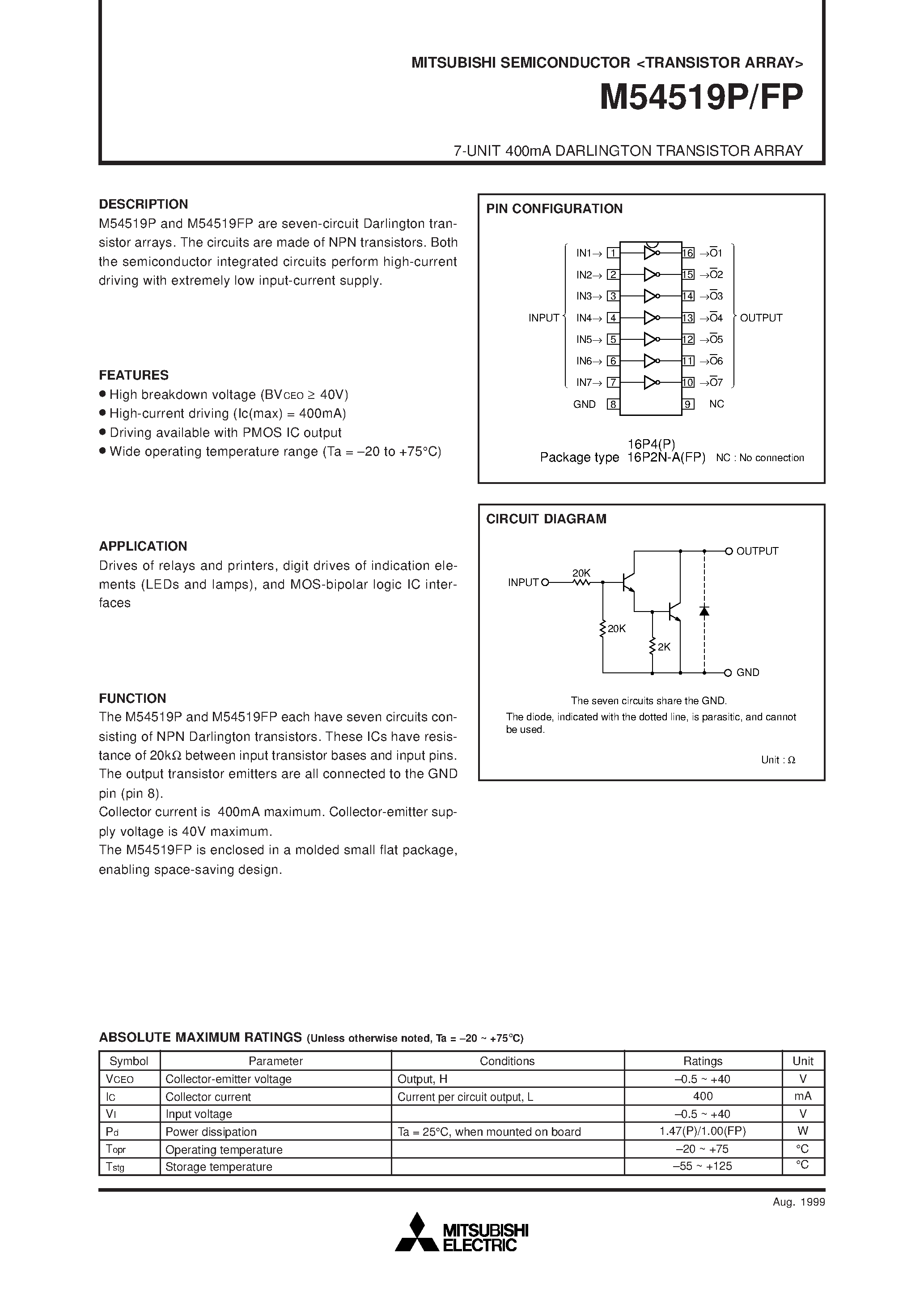 Даташит на микросхему M54519P страница 1 Даташит M54519P - 7-UNIT 400mA DARLINGTON TRANSISTOR ARRAY страница 1
