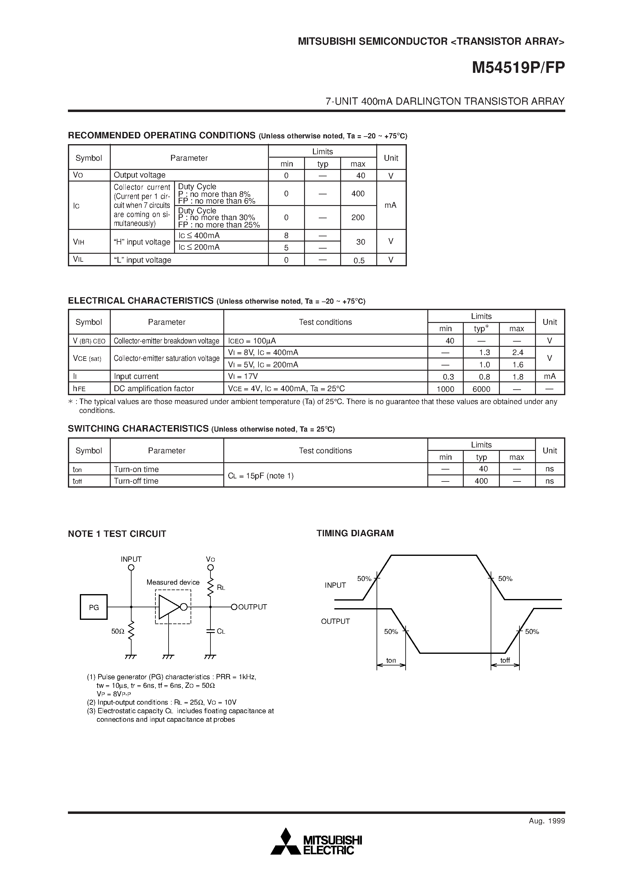 Даташит на микросхему M54519P страница 2 Даташит M54519P - 7-UNIT 400mA DARLINGTON TRANSISTOR ARRAY страница 2
