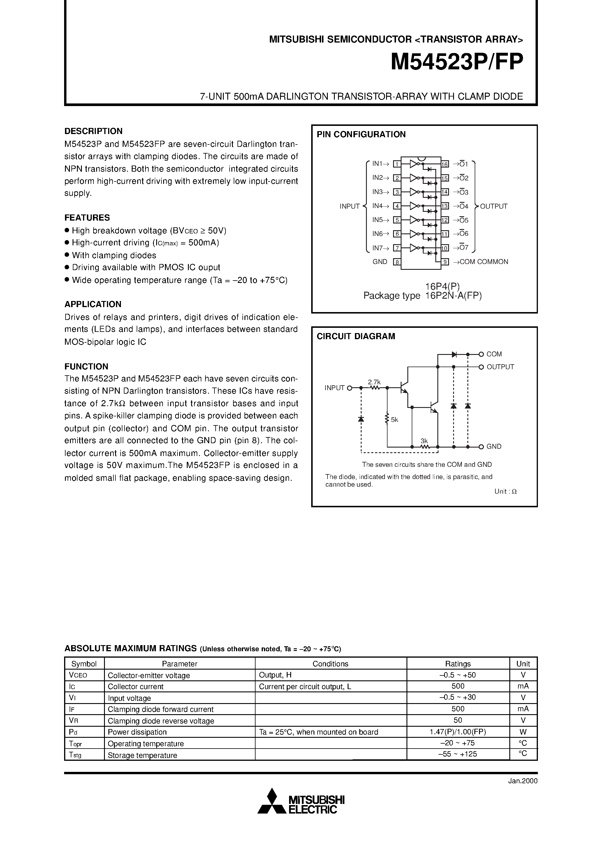 Даташит M54523P - 7-UNIT 500mA DARLINGTON TRANSISTOR-ARRAY WITH CLAMP DIODE страница 1