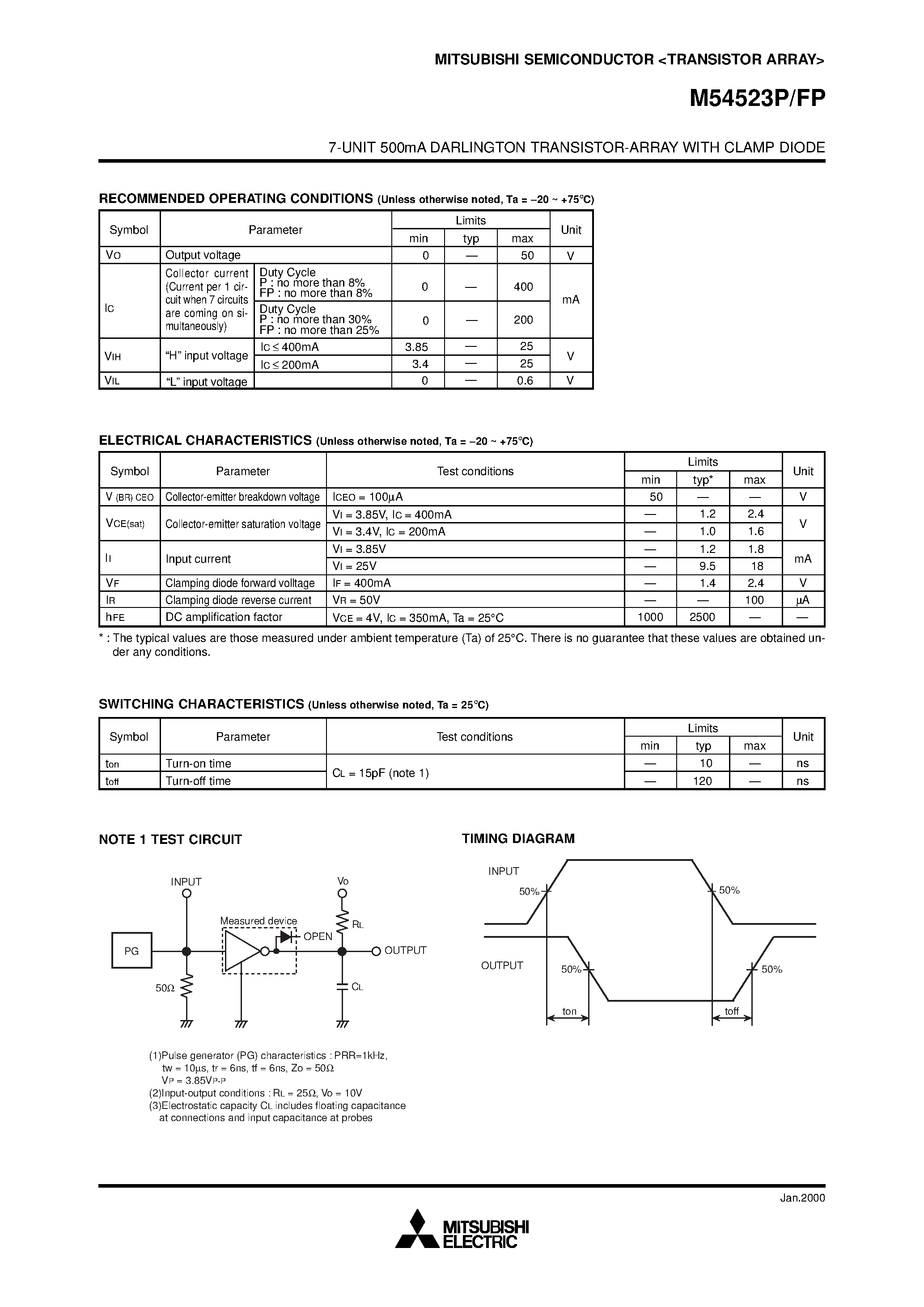Даташит M54523P - 7-UNIT 500mA DARLINGTON TRANSISTOR-ARRAY WITH CLAMP DIODE страница 2