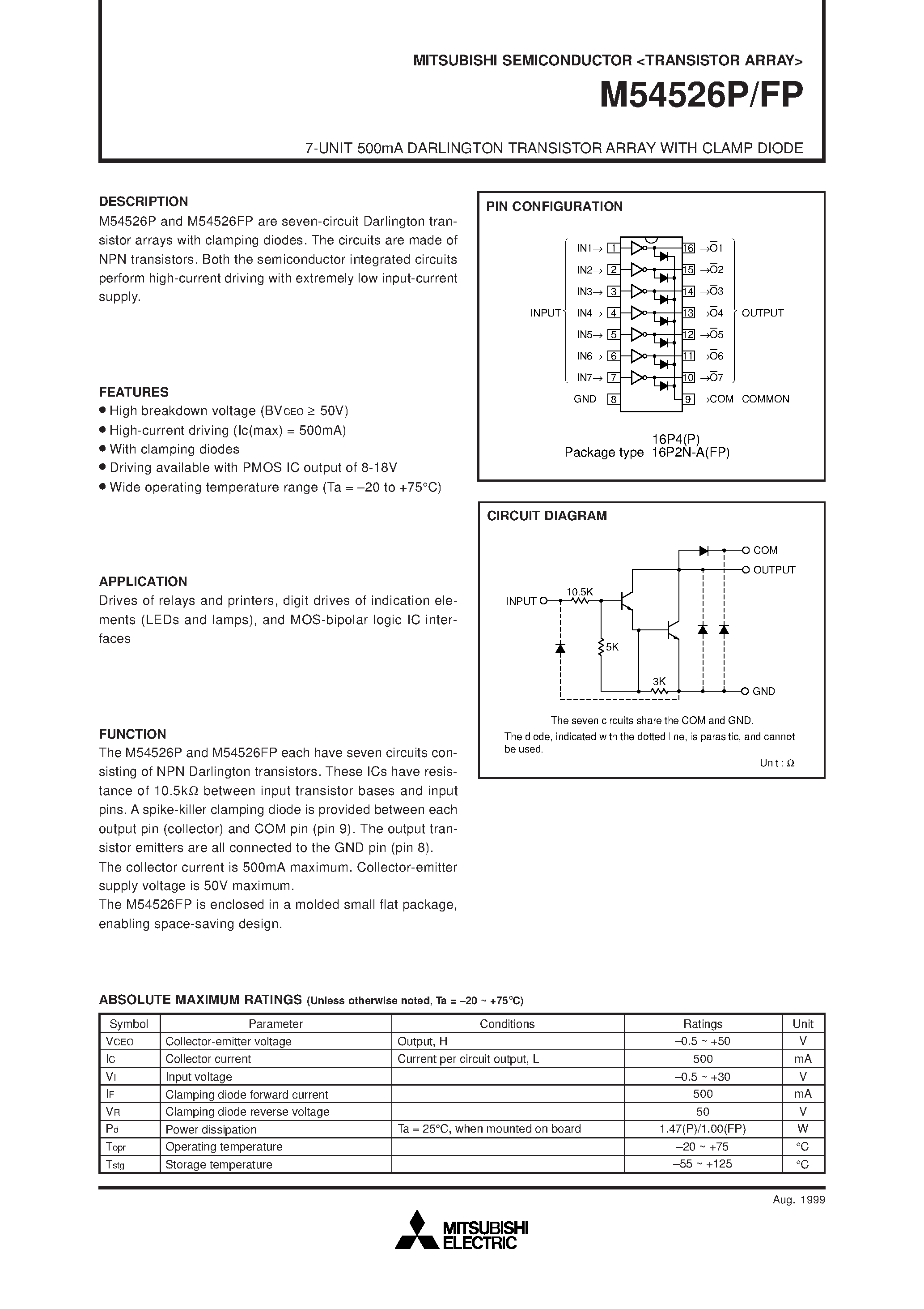 Даташит на микросхему M54526FP страница 1 Даташит M54526FP - 7-UNIT 500mA DARLINGTON TRANSISTOR ARRAY WITH CLAMP DIODE страница 1