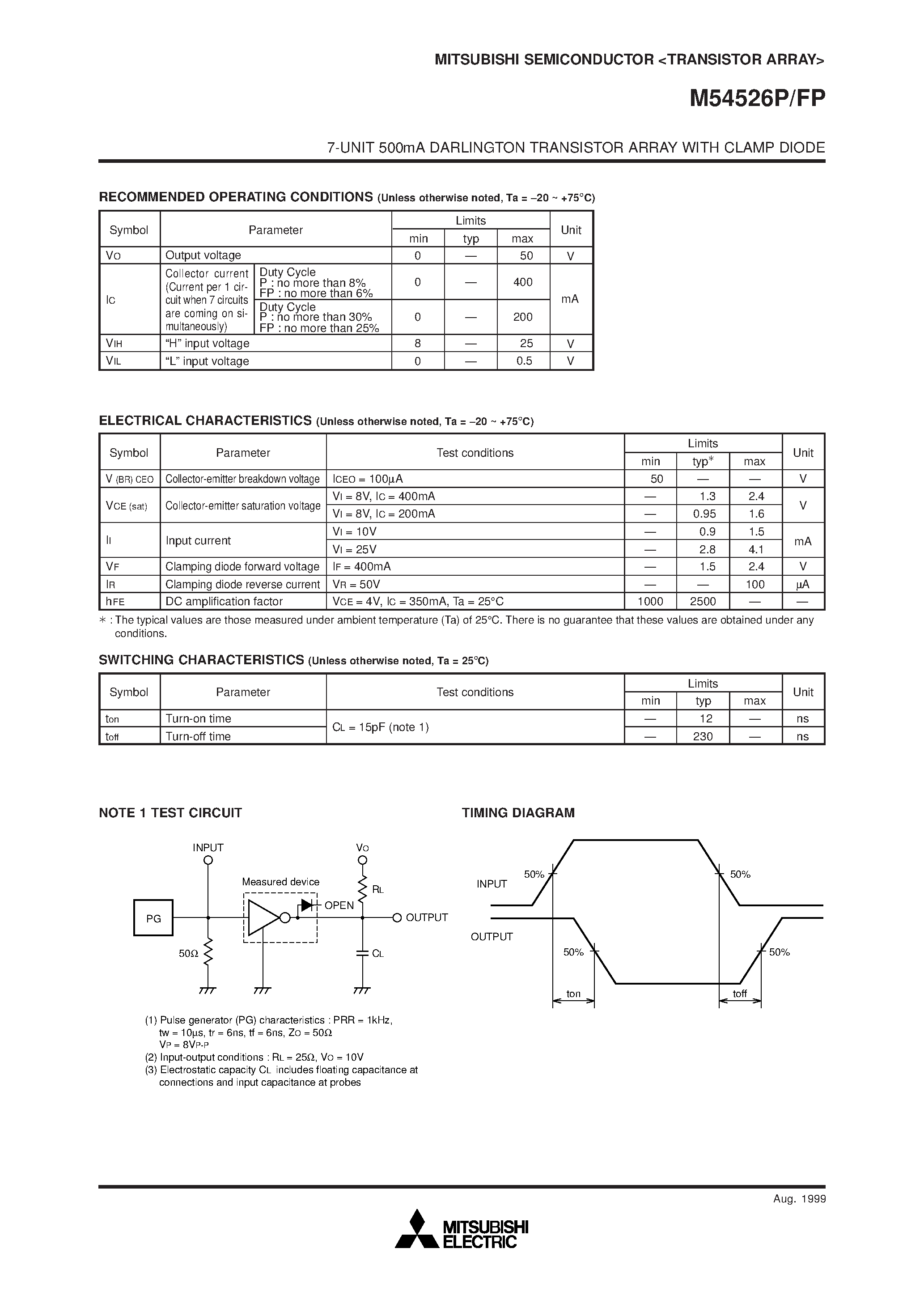 Даташит на микросхему M54526P страница 2 Даташит M54526P - 7-UNIT 500mA DARLINGTON TRANSISTOR ARRAY WITH CLAMP DIODE страница 2