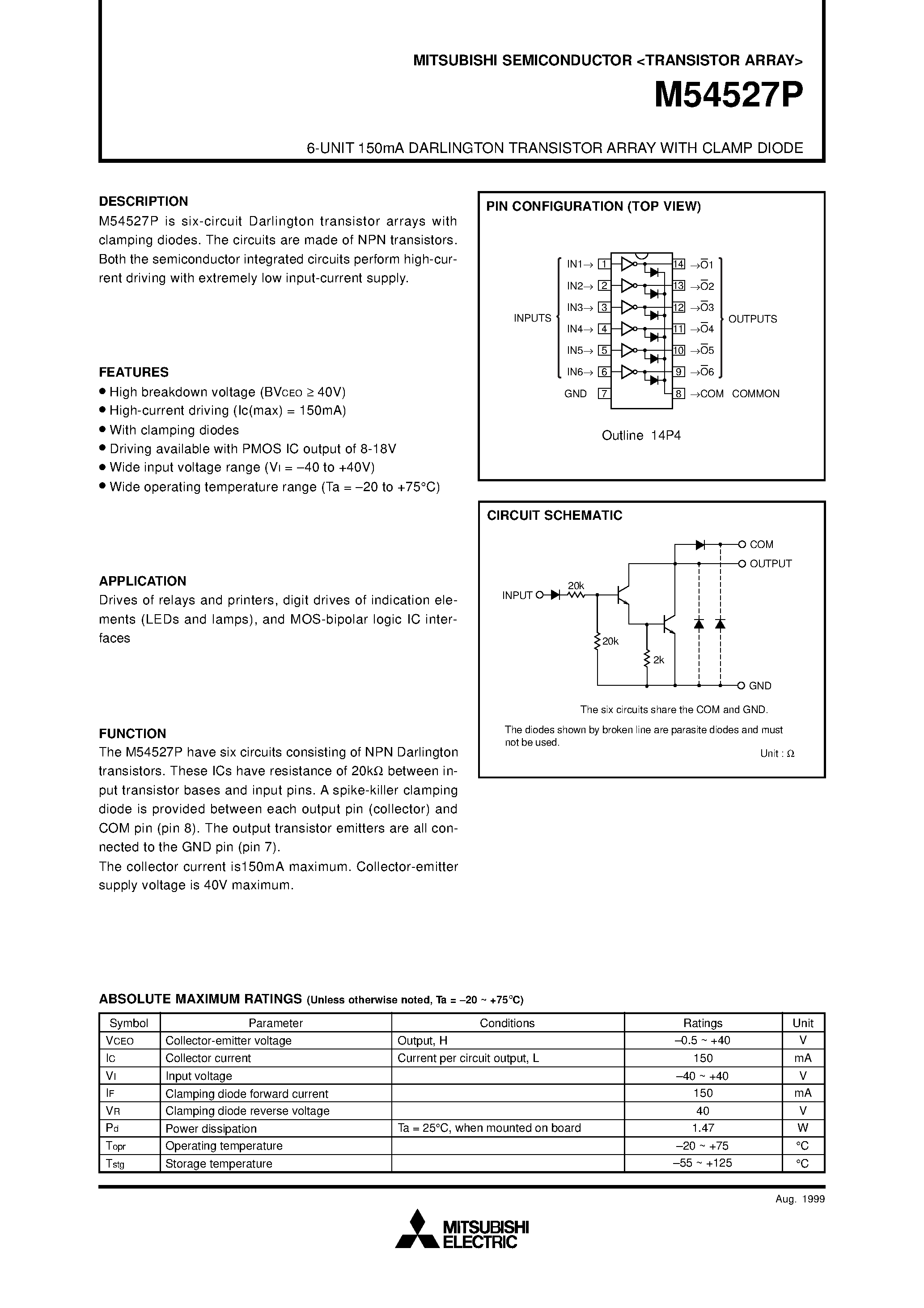 Datasheet M54527P - 6-UNIT 150mA DARLINGTON TRANSISTOR ARRAY WITH CLAMP DIODE page 1