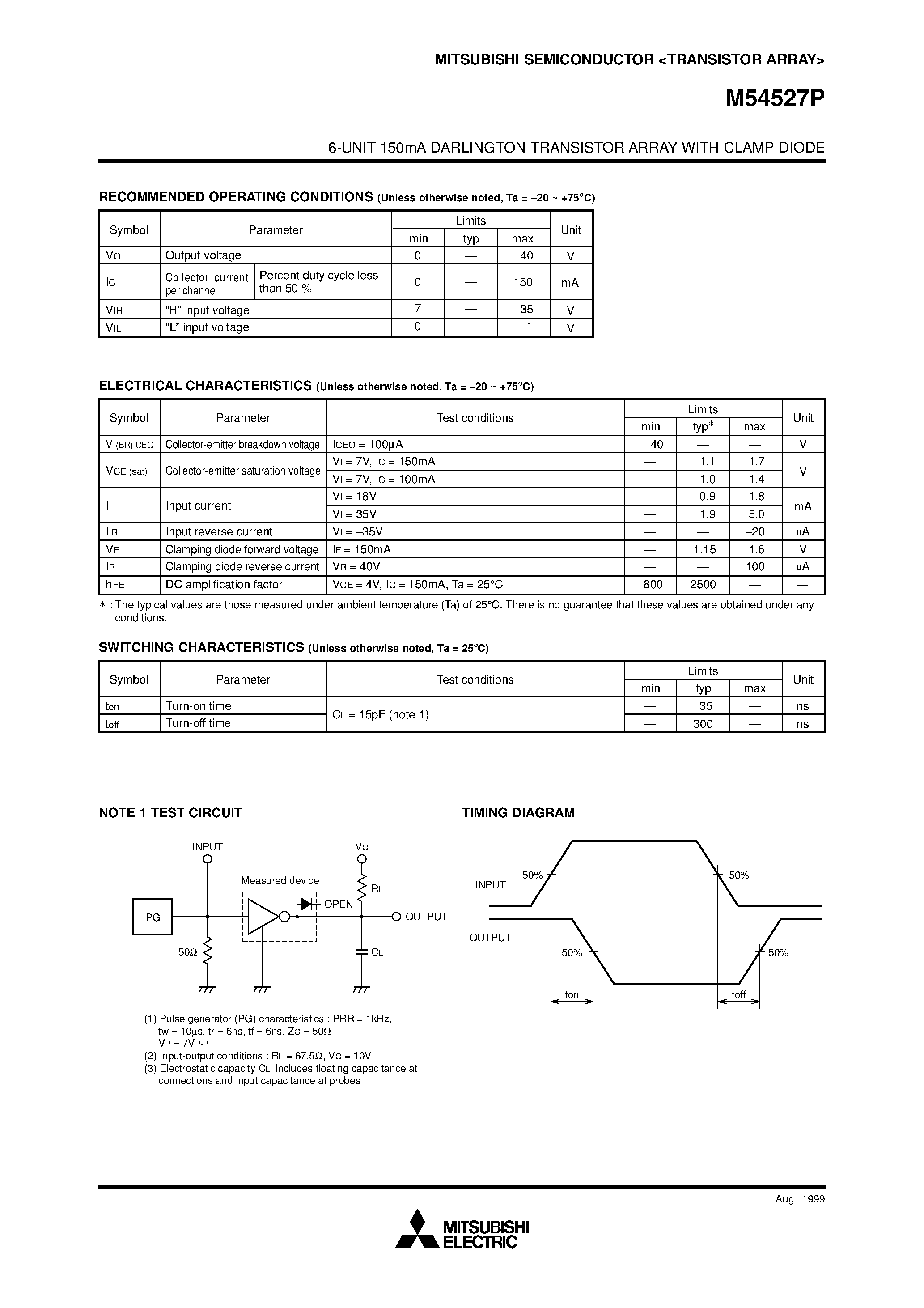 Datasheet M54527P - 6-UNIT 150mA DARLINGTON TRANSISTOR ARRAY WITH CLAMP DIODE page 2