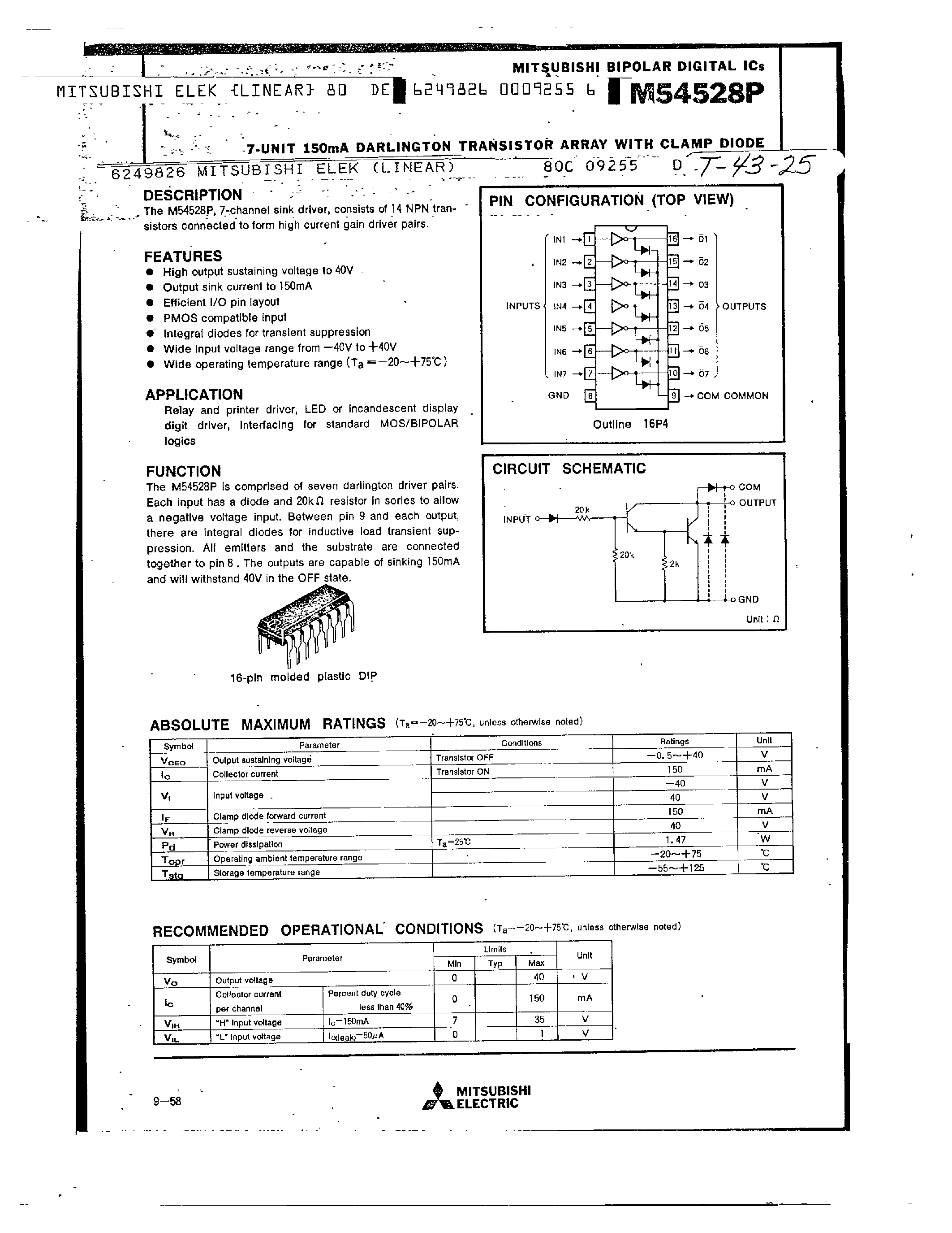 Datasheet M54528P - 7- UNIT 150MA DARLINGTON TRANSISTOR ARRAY WITH CLAMP DIODE page 1