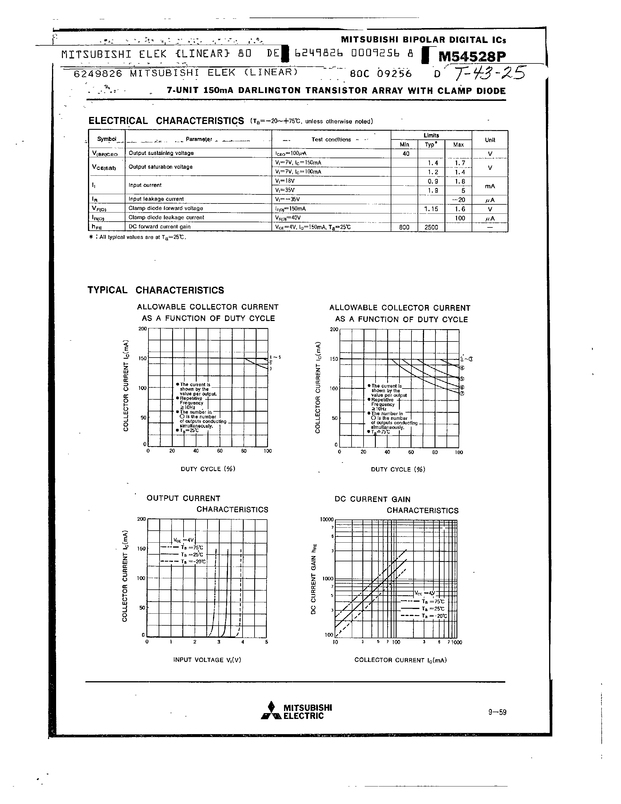 Datasheet M54528P - 7- UNIT 150MA DARLINGTON TRANSISTOR ARRAY WITH CLAMP DIODE page 2