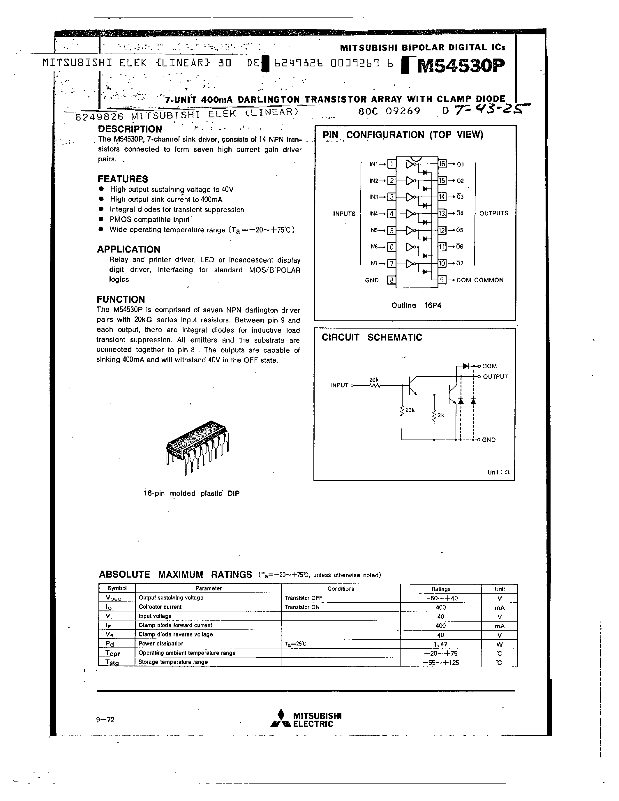 Даташит на микросхему M54530P страница 1 Даташит M54530P - 7 UNIT 400MA DARLINGTON TRANSISTOR ARRAY WITH CLAMP DIODE страница 1