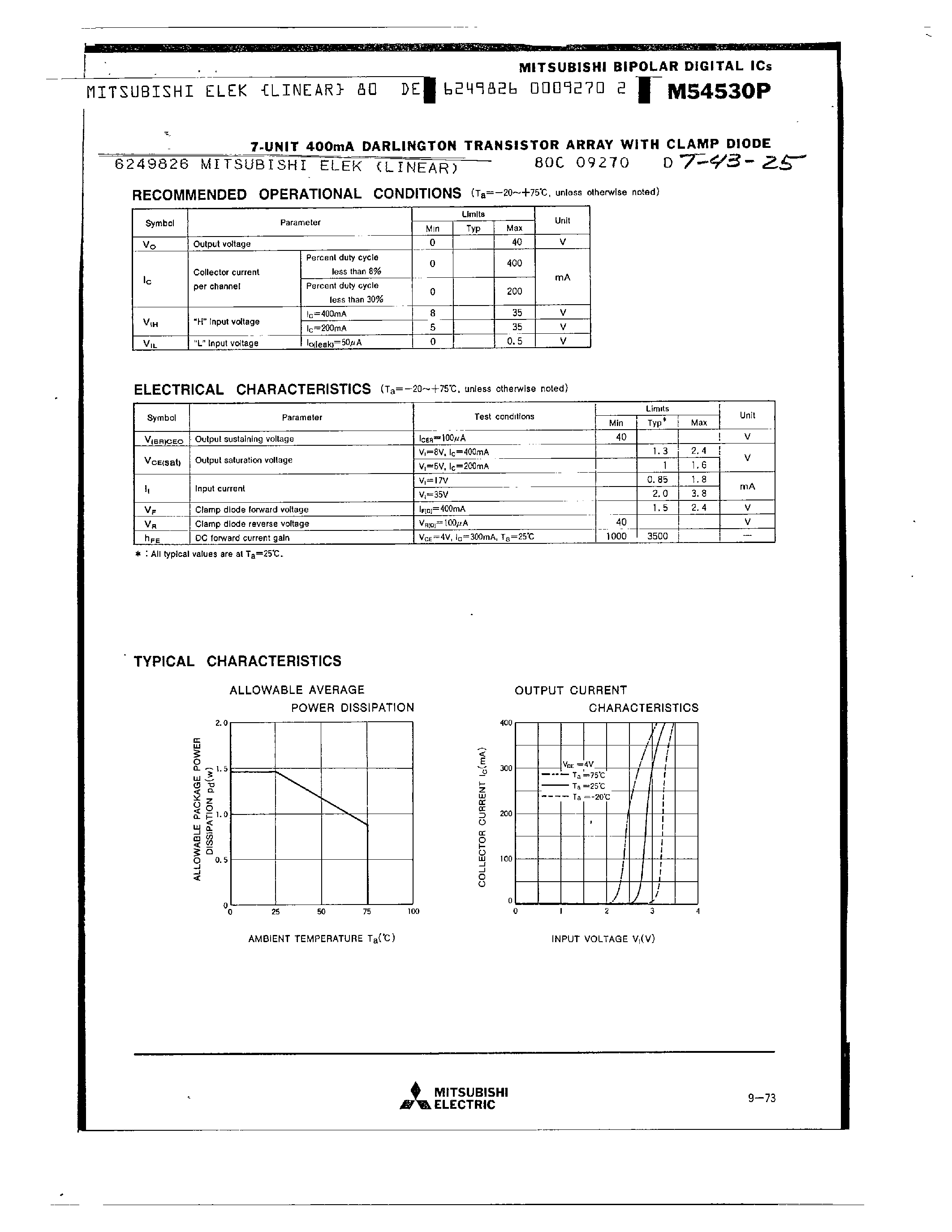 Даташит на микросхему M54530P страница 2 Даташит M54530P - 7 UNIT 400MA DARLINGTON TRANSISTOR ARRAY WITH CLAMP DIODE страница 2