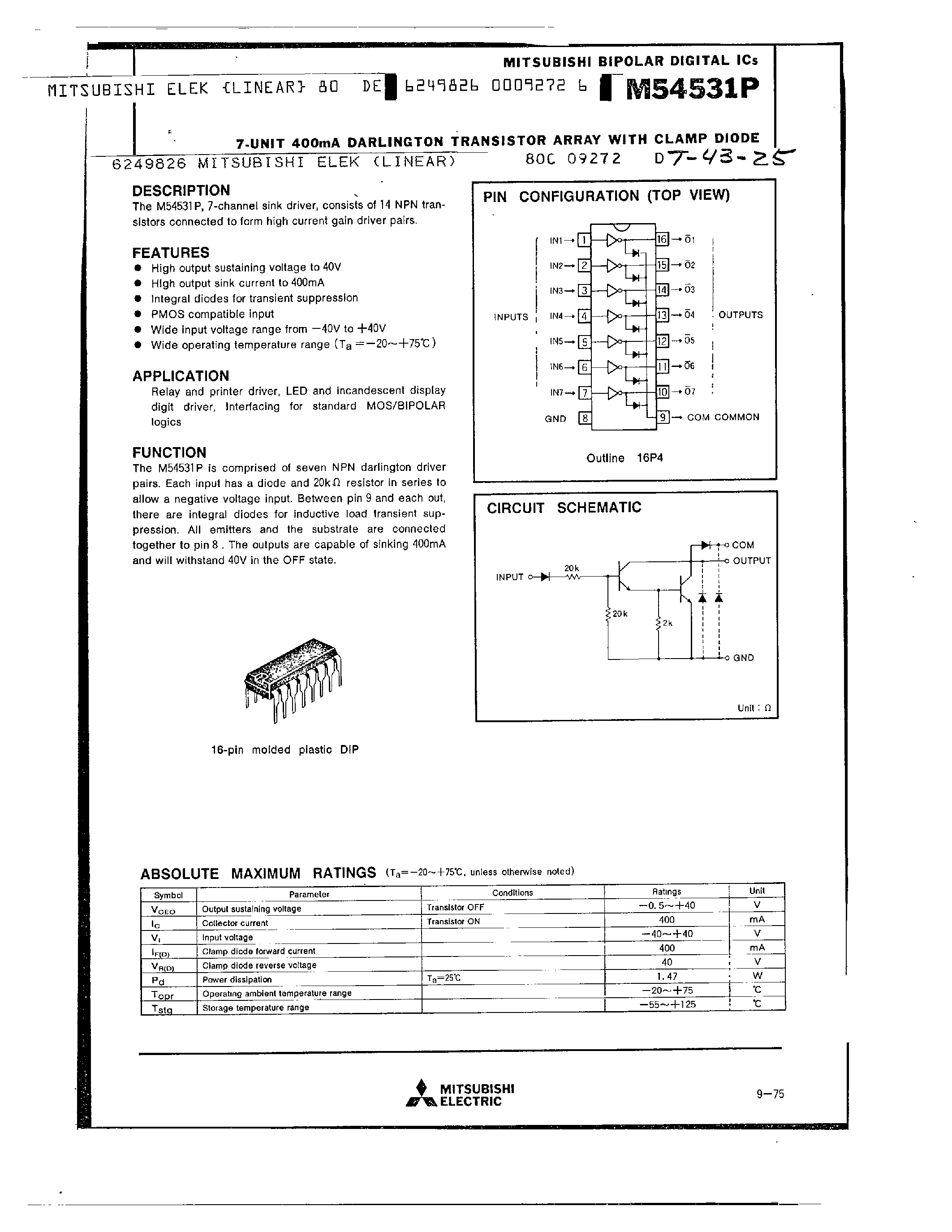 Даташит на микросхему M54531P страница 1 Даташит M54531P - 7 UNIT 400MA DARLINGTON TRANSISTOR ARRAY WITH CLAMP DIODE страница 1