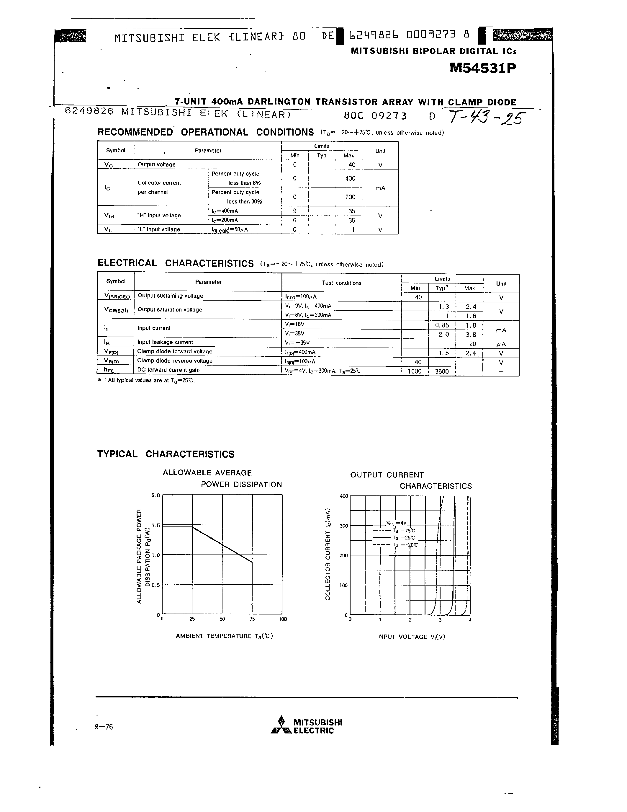Даташит на микросхему M54531P страница 2 Даташит M54531P - 7 UNIT 400MA DARLINGTON TRANSISTOR ARRAY WITH CLAMP DIODE страница 2