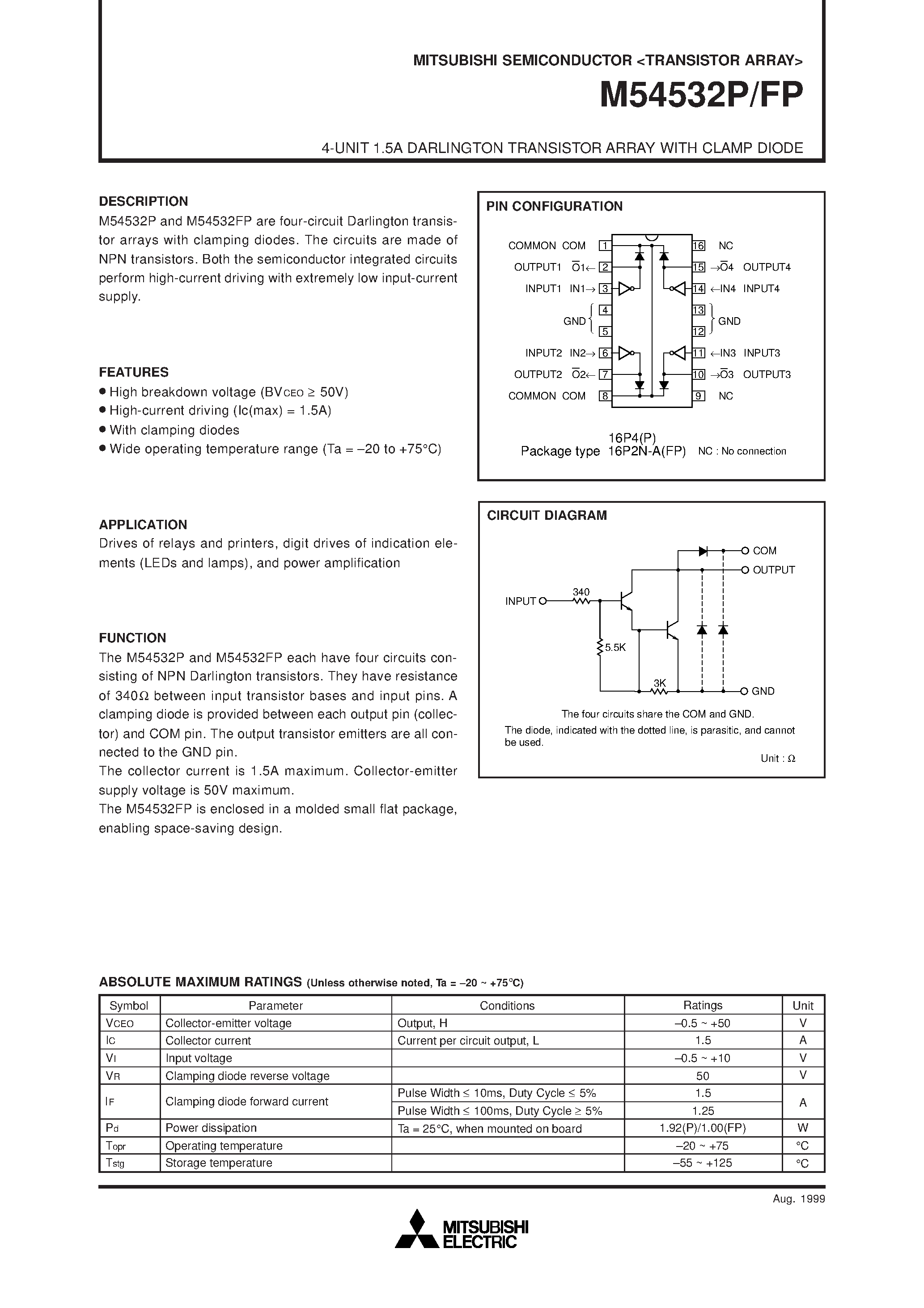 Datasheet M54532FP - 4-UNIT 1.5A DARLINGTON TRANSISTOR ARRAY WITH CLAMP DIODE page 1