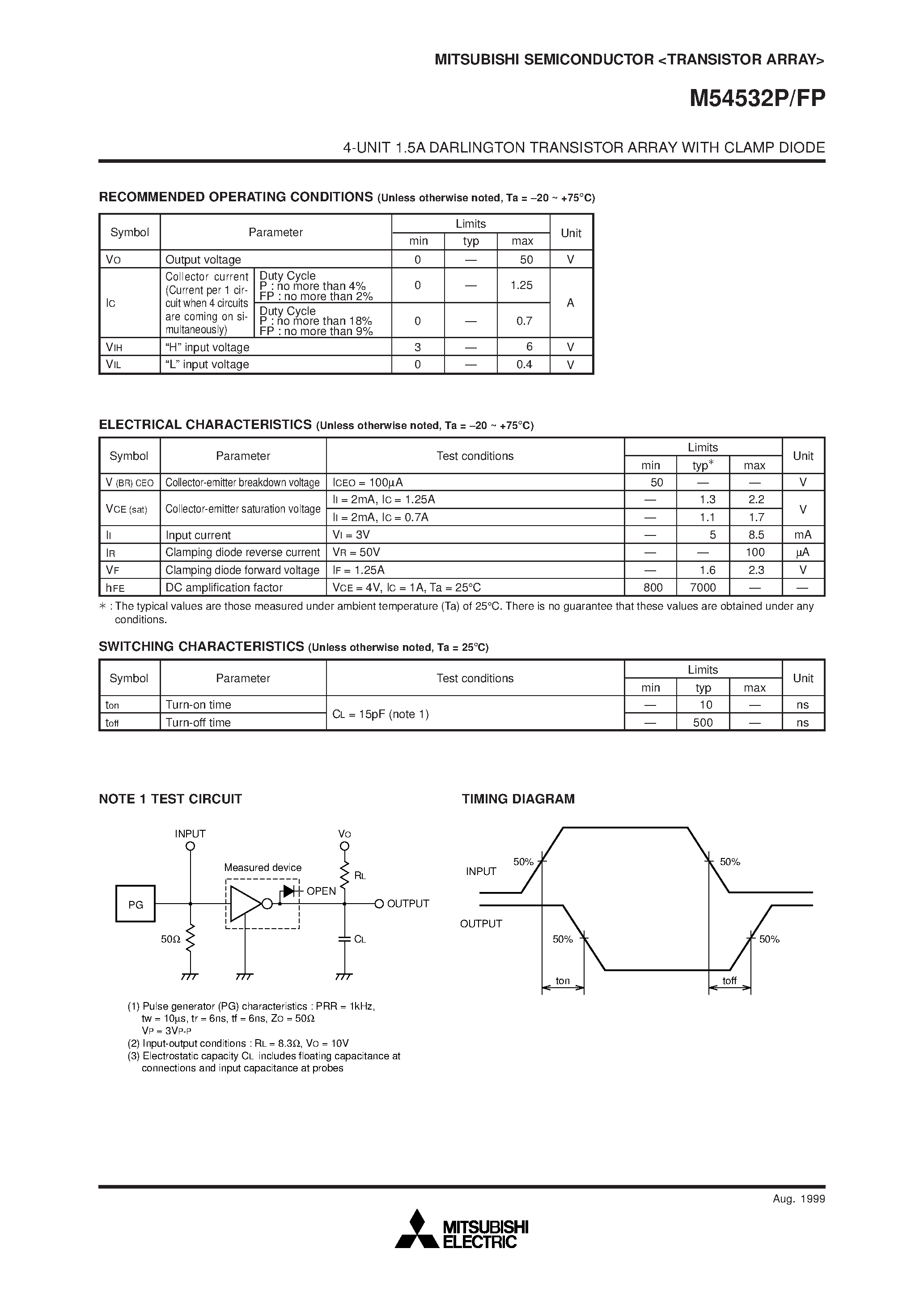 Datasheet M54532P - 4-UNIT 1.5A DARLINGTON TRANSISTOR ARRAY WITH CLAMP DIODE page 2