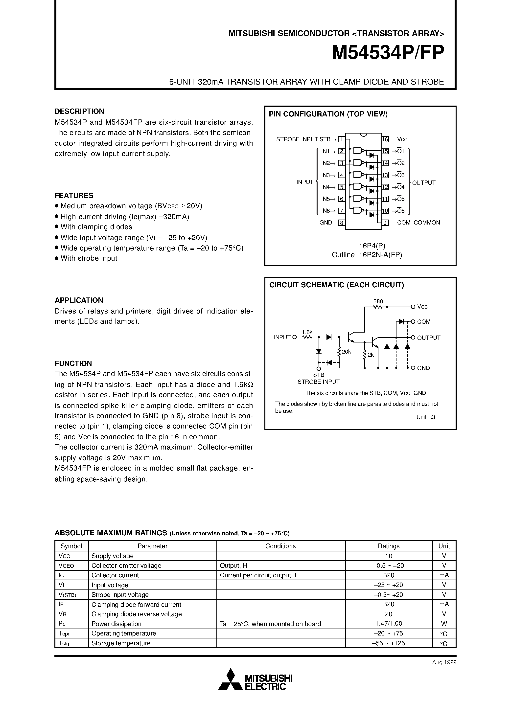 Datasheet M54534P - 6-UNIT 320mA TRANSISTOR ARRAY WITH CLAMP DIODE AND STROBE page 1
