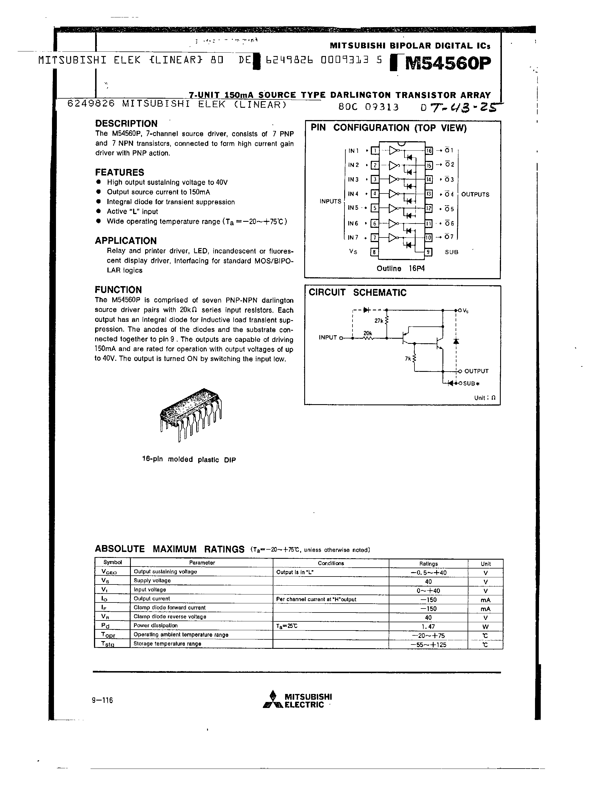 Даташит на микросхему M54560P страница 1 Даташит M54560P - 7 UNIT 150MA SOURCE TYPE DARLINGTON TRANSISTOR ARRAY страница 1
