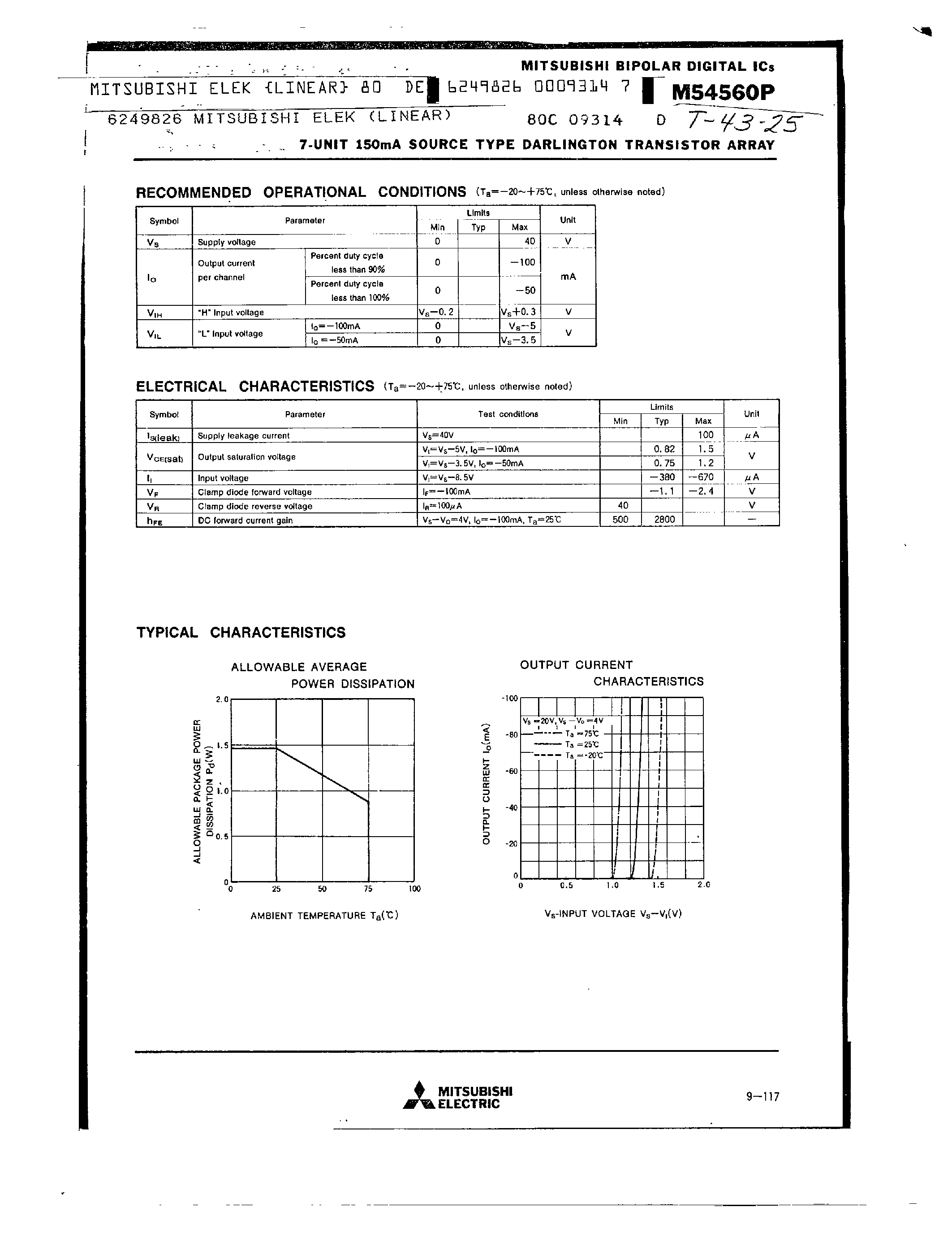 Даташит на микросхему M54560P страница 2 Даташит M54560P - 7 UNIT 150MA SOURCE TYPE DARLINGTON TRANSISTOR ARRAY страница 2