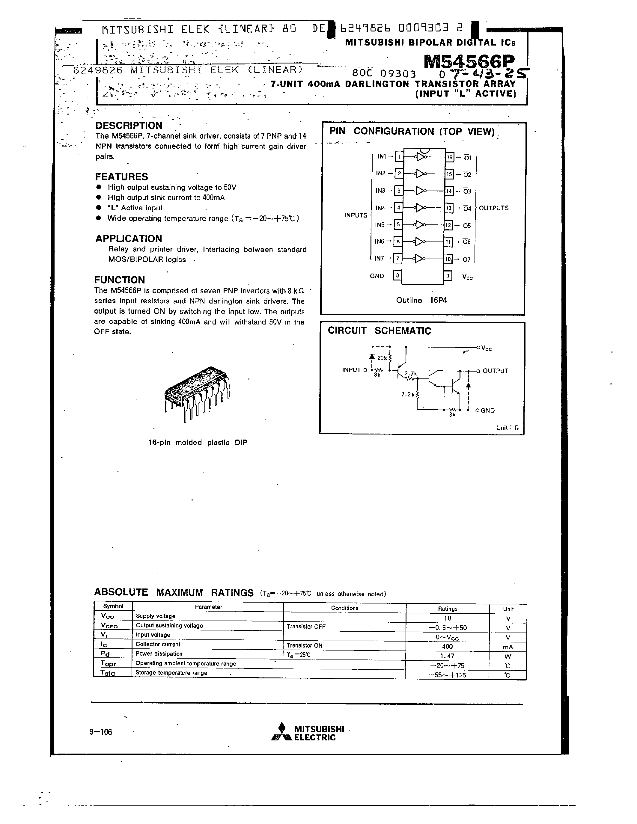 Даташит на микросхему M54566P страница 1 Даташит M54566P - 7 UNIT 400MA DARLINGTON TRANSISTOR ARRAY страница 1