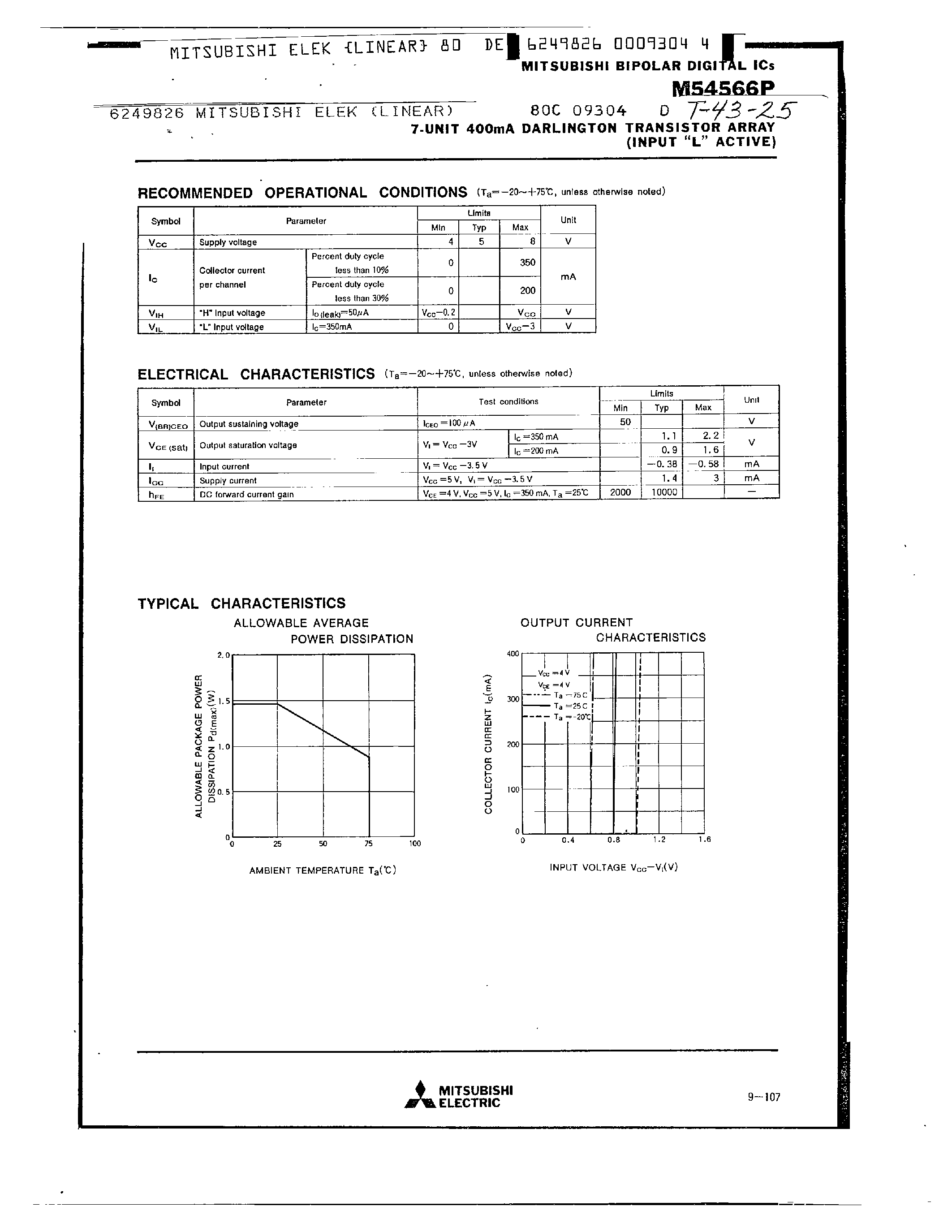 Даташит на микросхему M54566P страница 2 Даташит M54566P - 7 UNIT 400MA DARLINGTON TRANSISTOR ARRAY страница 2