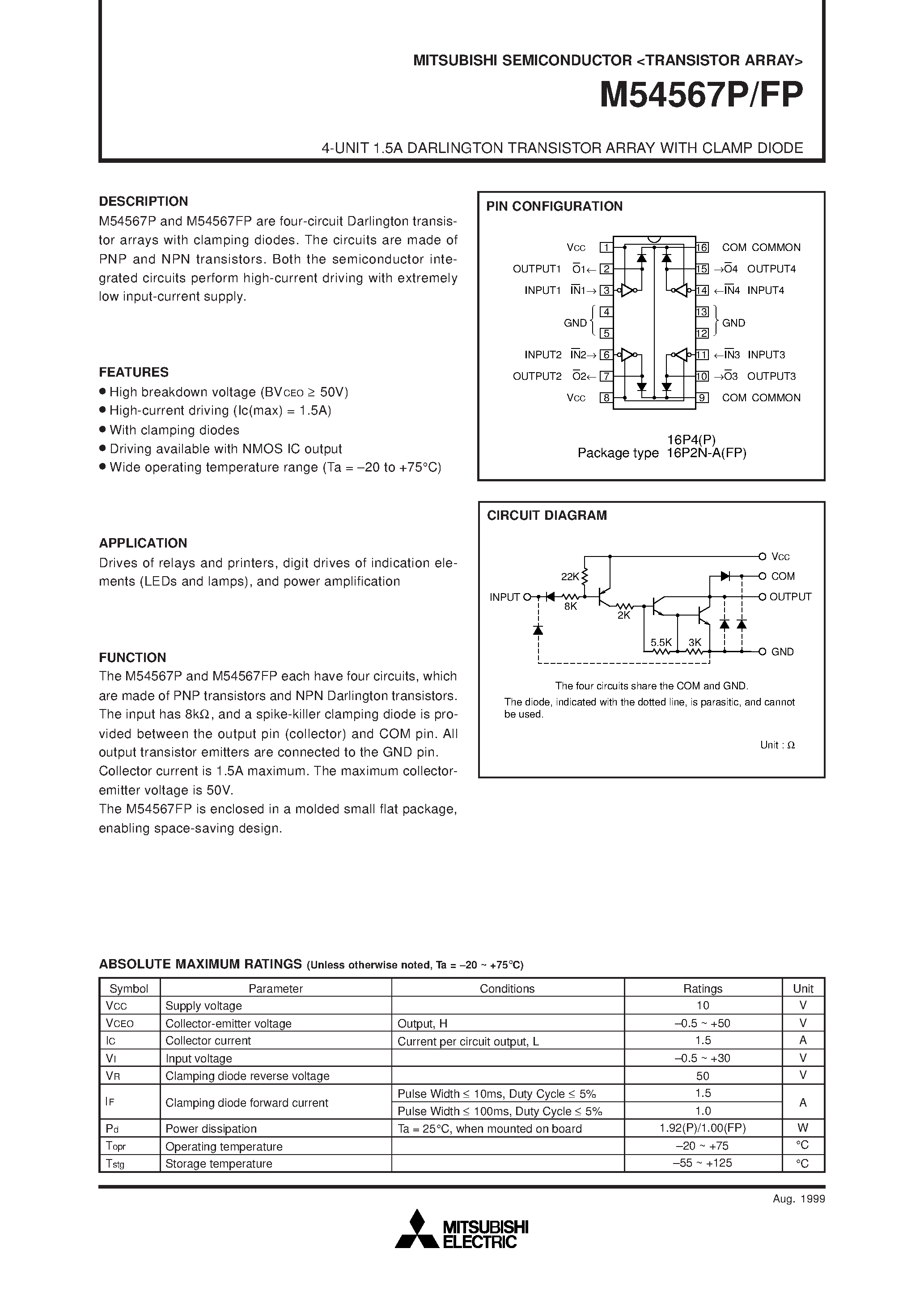 Datasheet M54567P - 4-UNIT 1.5A DARLINGTON TRANSISTOR ARRAY WITH CLAMP DIODE page 1
