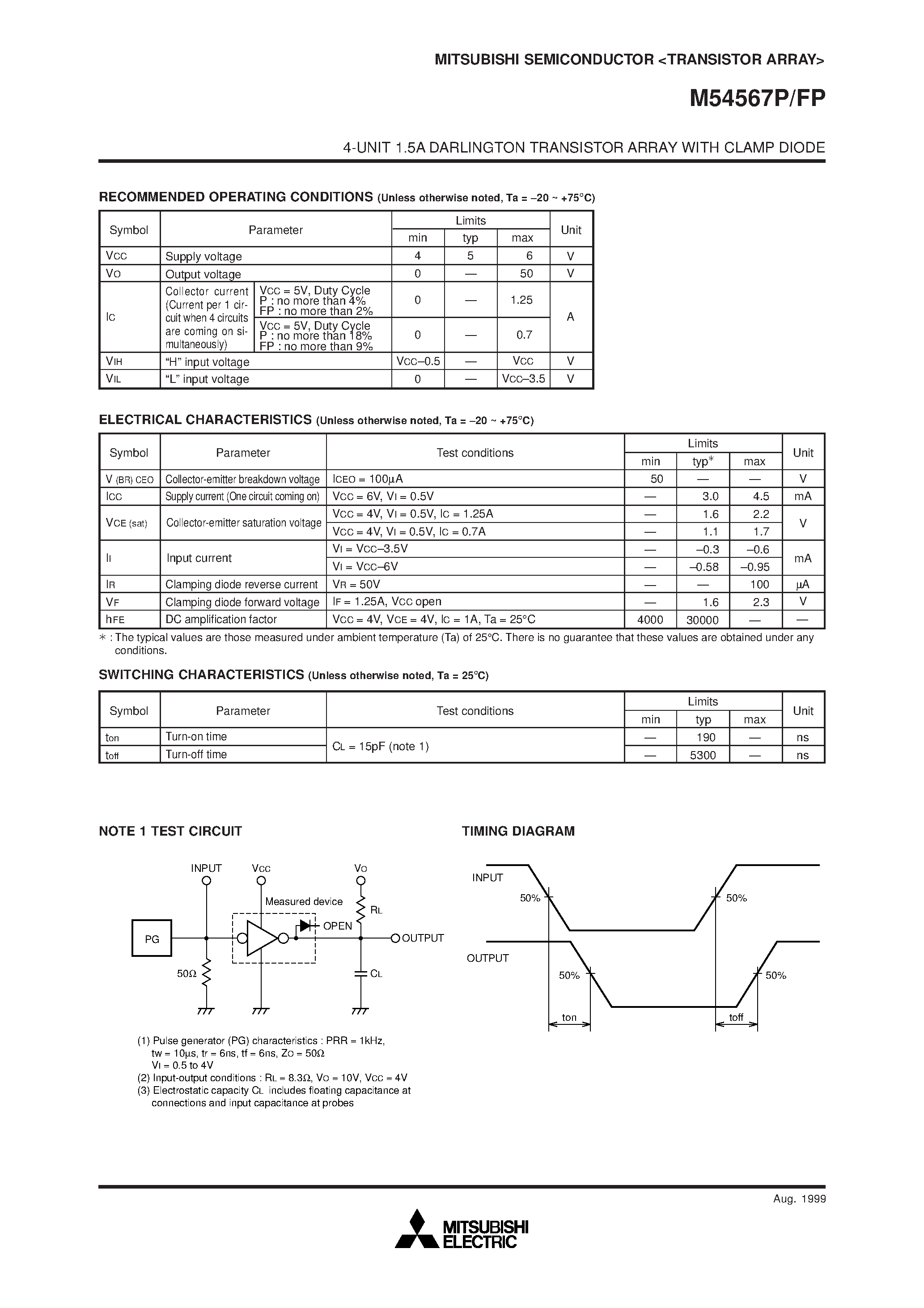 Datasheet M54567P - 4-UNIT 1.5A DARLINGTON TRANSISTOR ARRAY WITH CLAMP DIODE page 2