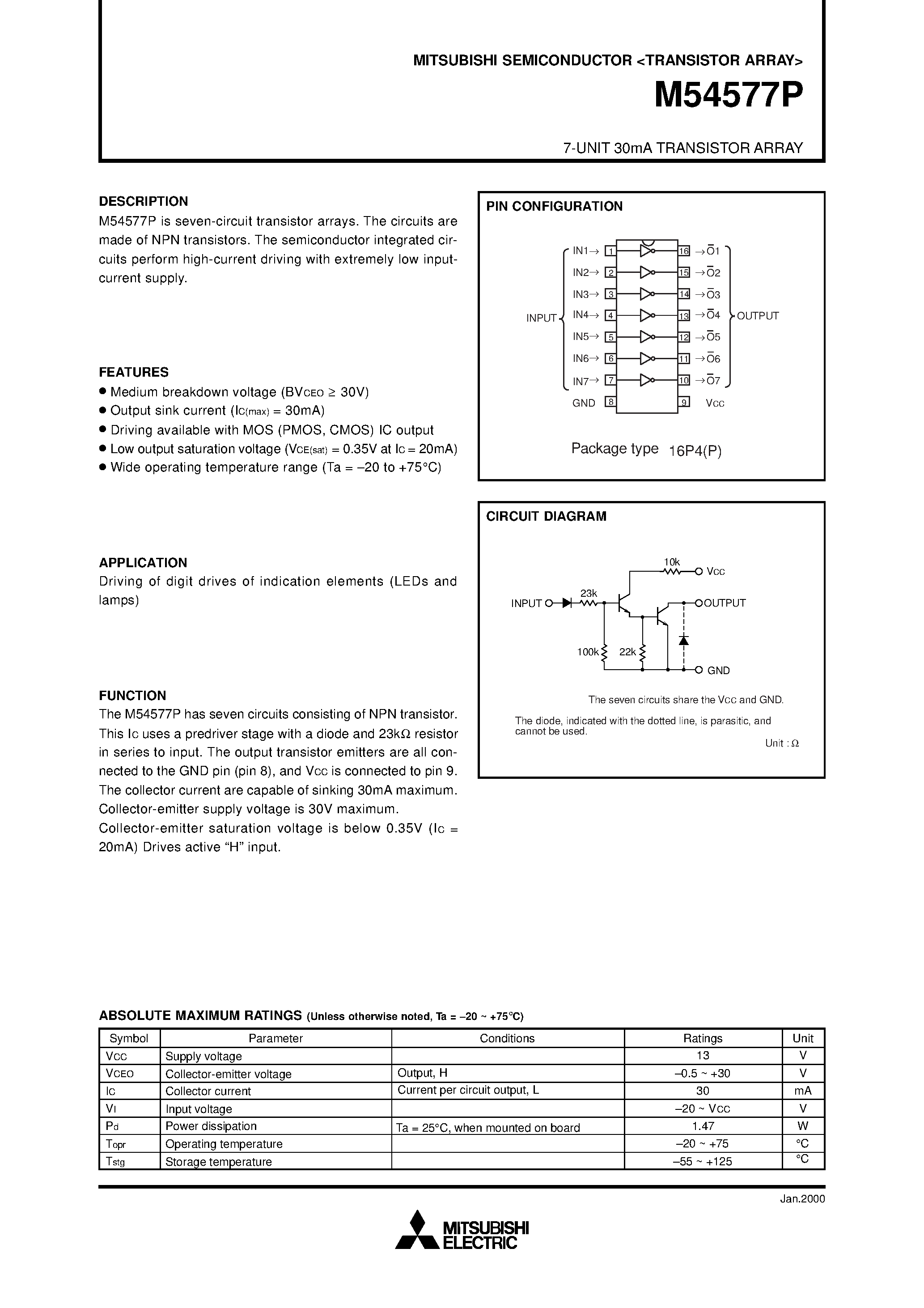Даташит на микросхему M54577FP страница 1 Даташит M54577FP - 7 UNIT 30MA TRANSISTOR ARRAY страница 1